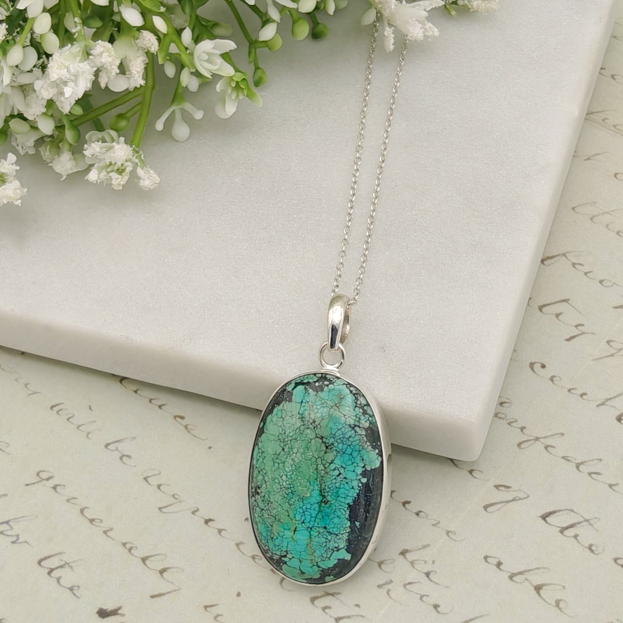 Hepburn and Hughes Turquoise Pendant | Oval Gemstone Necklace | Sterling Silver