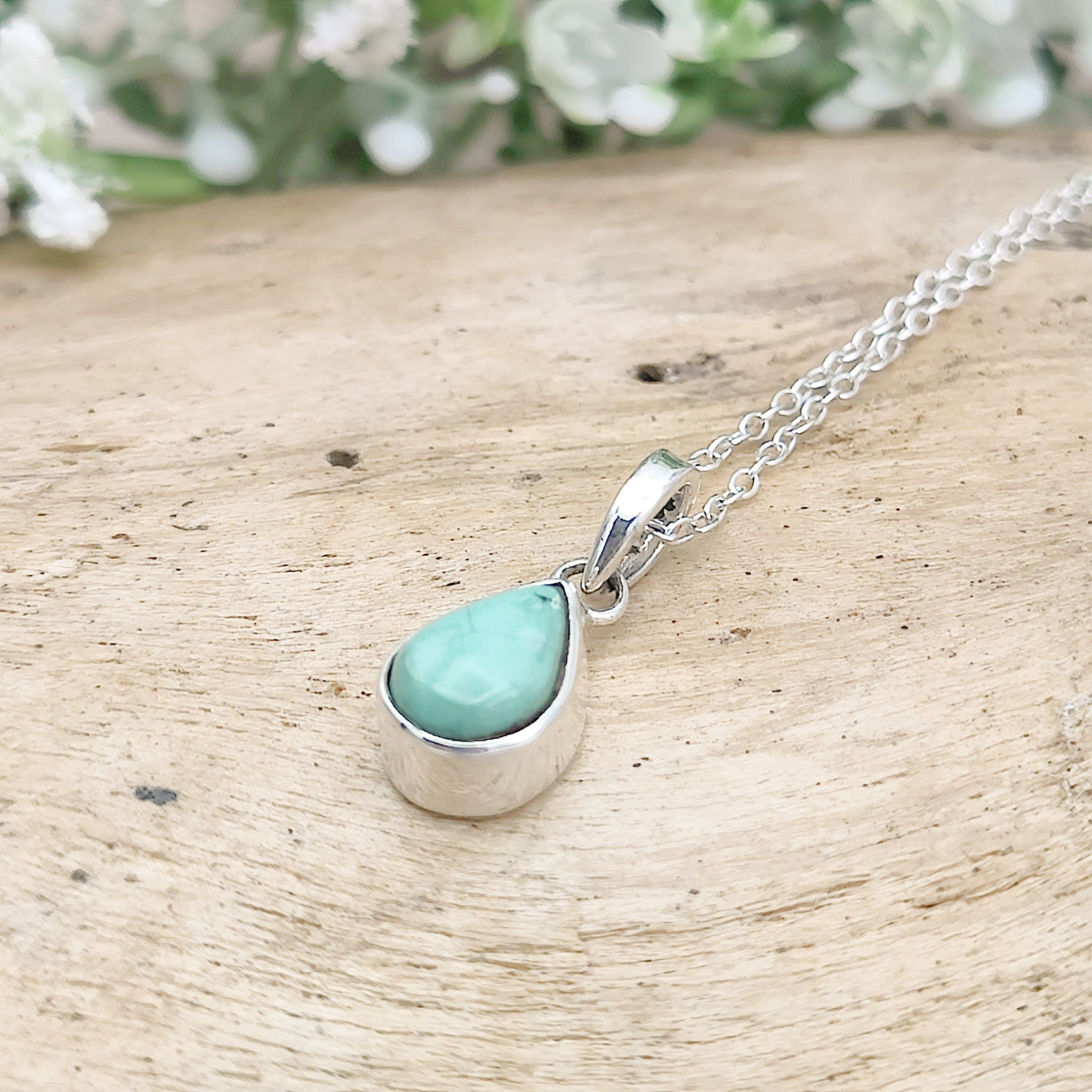 Hepburn and Hughes Turquoise Pendant | Tiny Teardrop Birthstone Necklace | Sterling Silver
