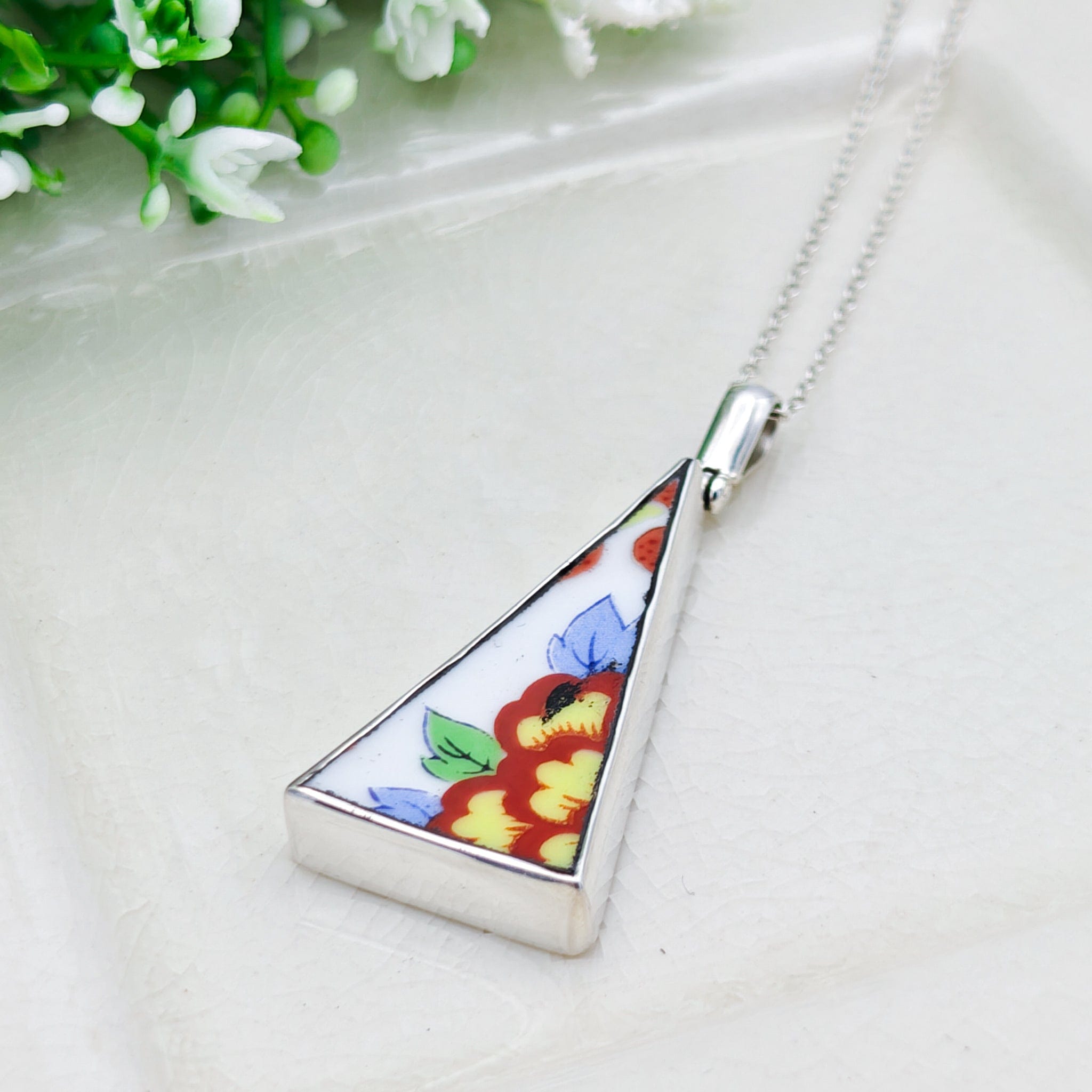 Hepburn & Hughes Upcycled Japanese Imari Pendant | 35mm Triangle | 18th wedding gift | Sterling Silver