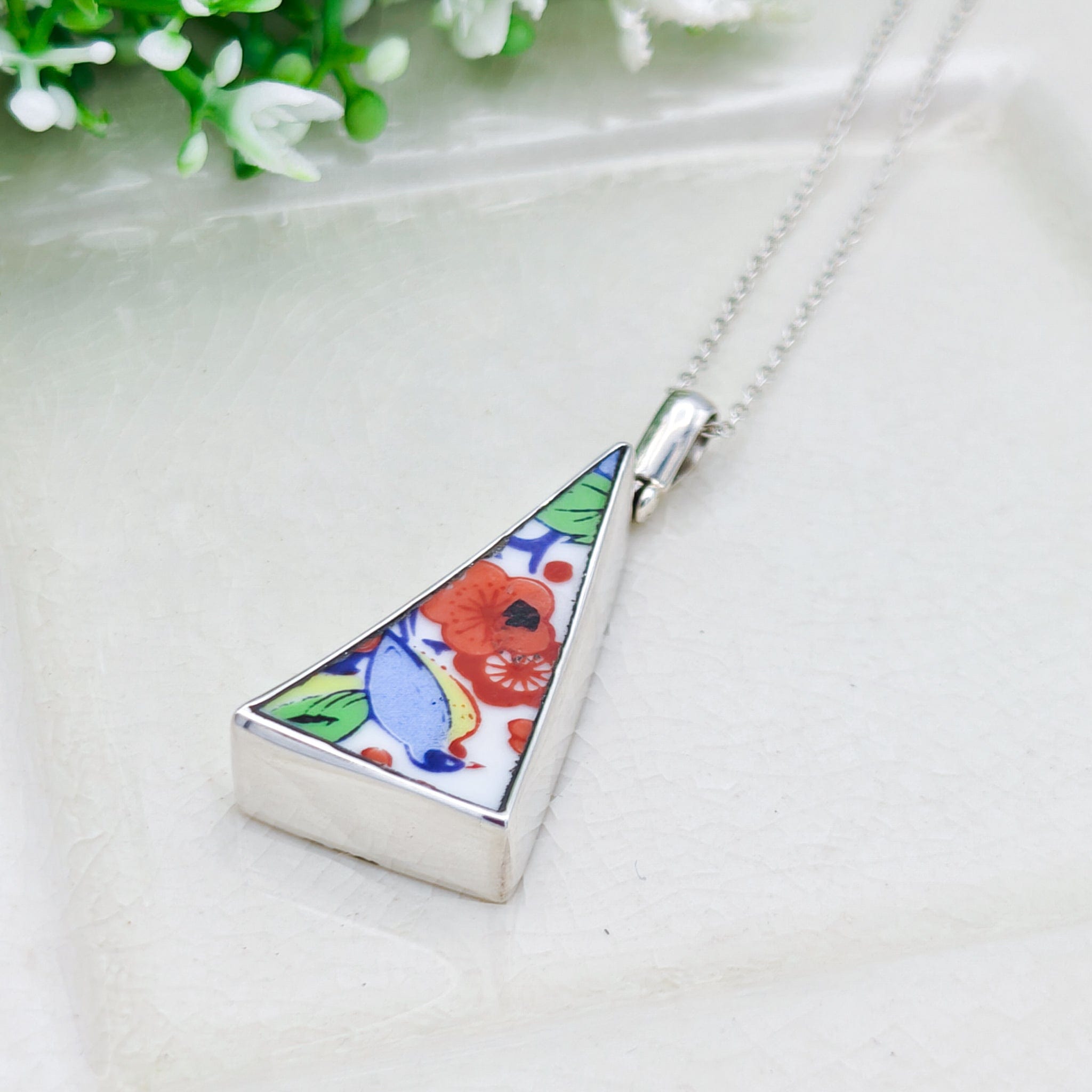 Hepburn & Hughes Upcycled Japanese Imari Pendant | 35mm Triangle | 18th wedding gift | Sterling Silver