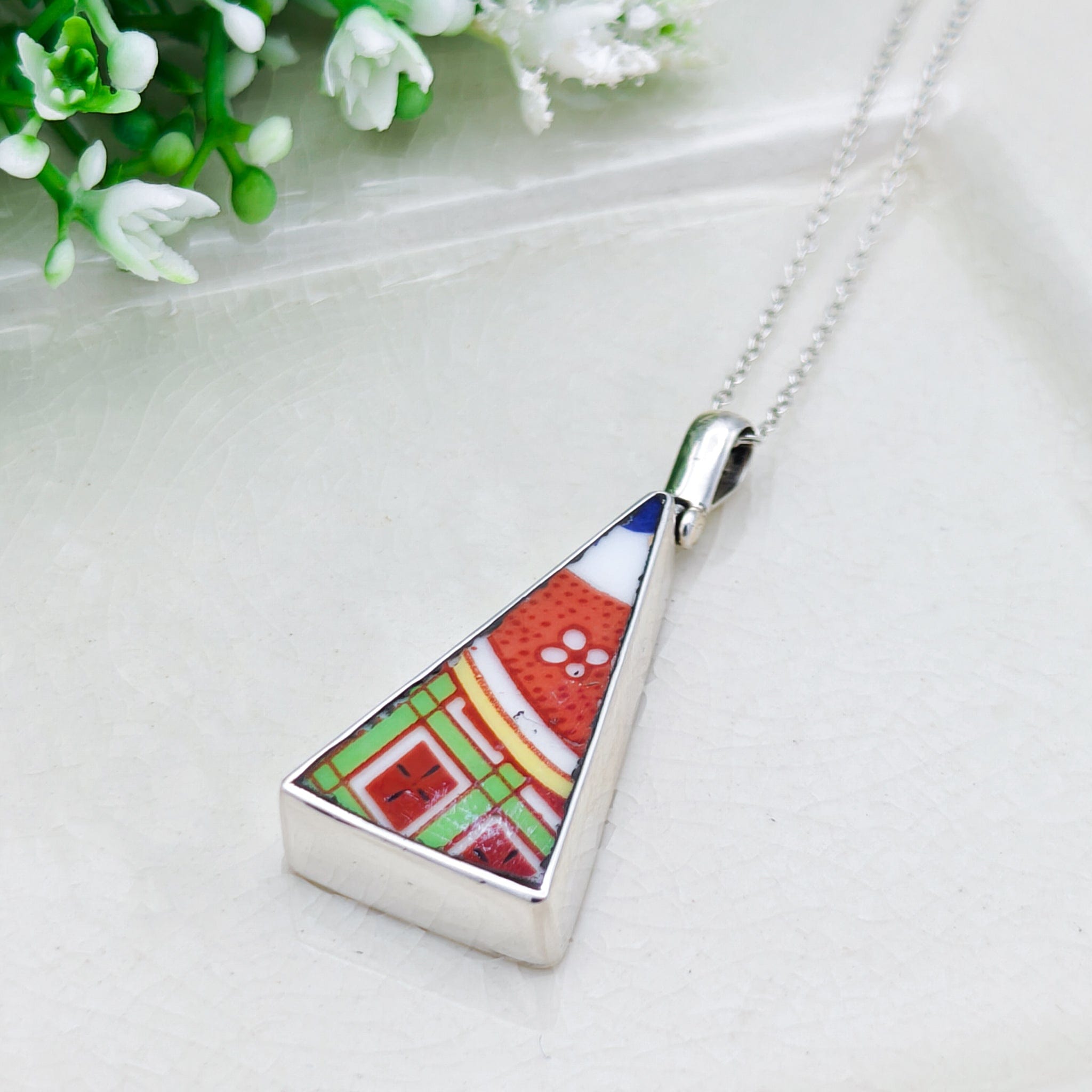 Hepburn & Hughes Upcycled Japanese Imari Pendant | 35mm Triangle | 18th wedding gift | Sterling Silver