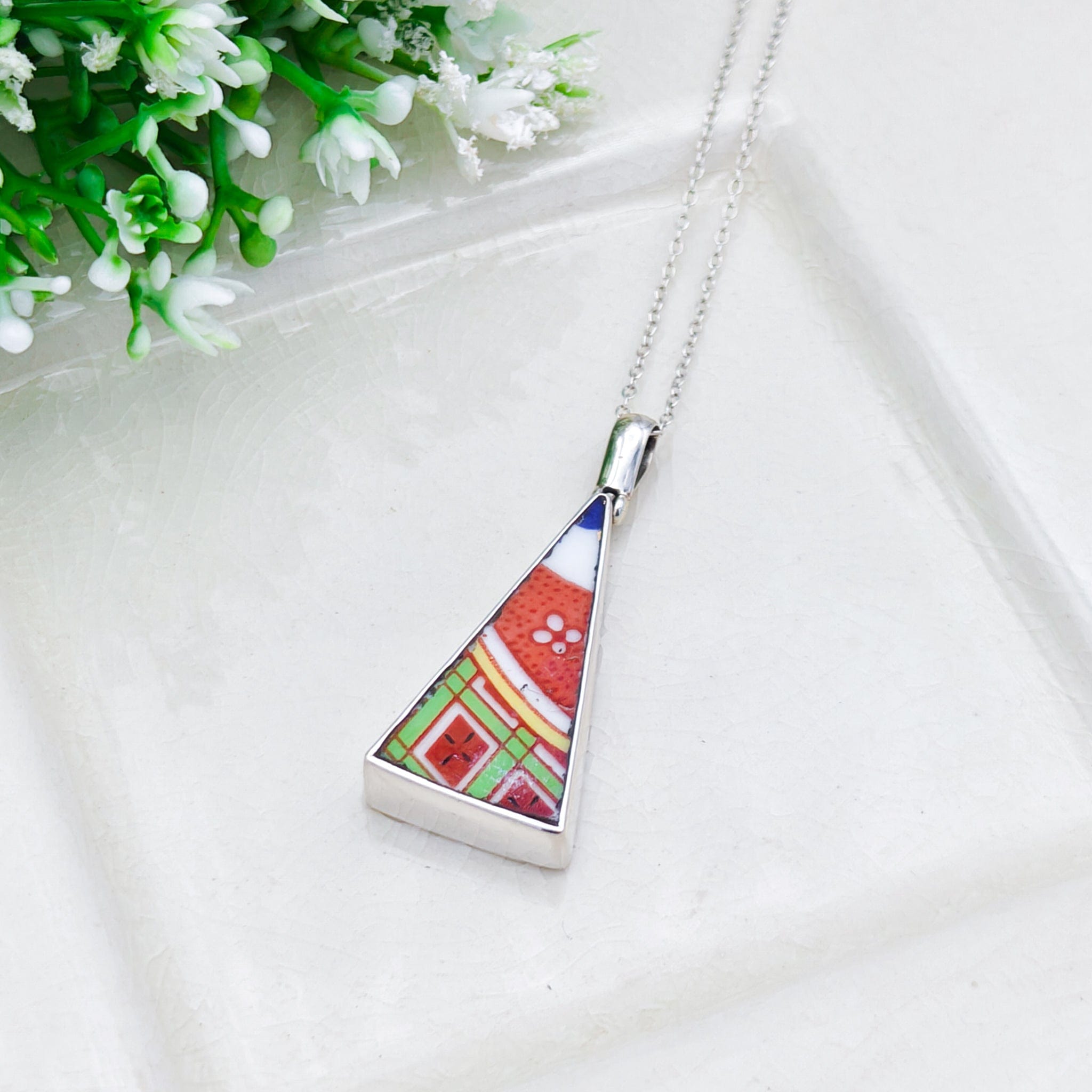 Hepburn & Hughes Upcycled Japanese Imari Pendant | 35mm Triangle | 18th wedding gift | Sterling Silver