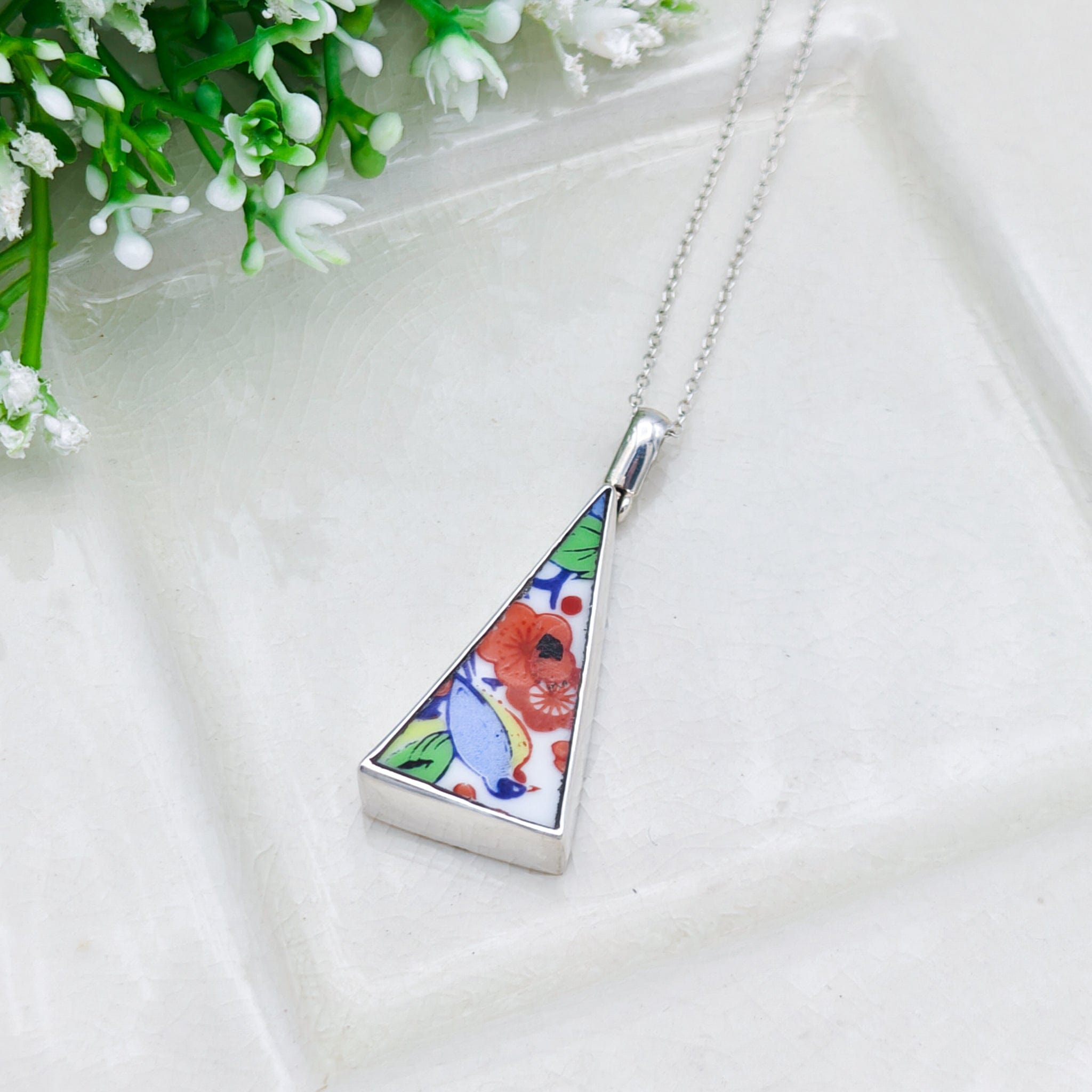 Hepburn & Hughes Upcycled Japanese Imari Pendant | 35mm Triangle | 18th wedding gift | Sterling Silver