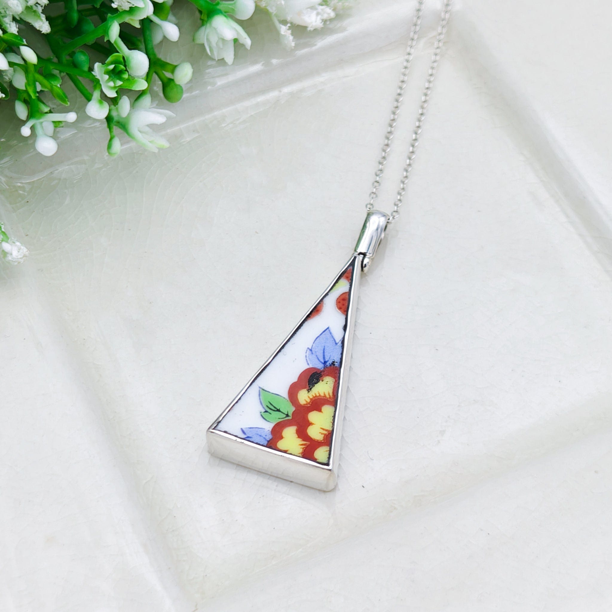 Hepburn & Hughes Upcycled Japanese Imari Pendant | 35mm Triangle | 18th wedding gift | Sterling Silver