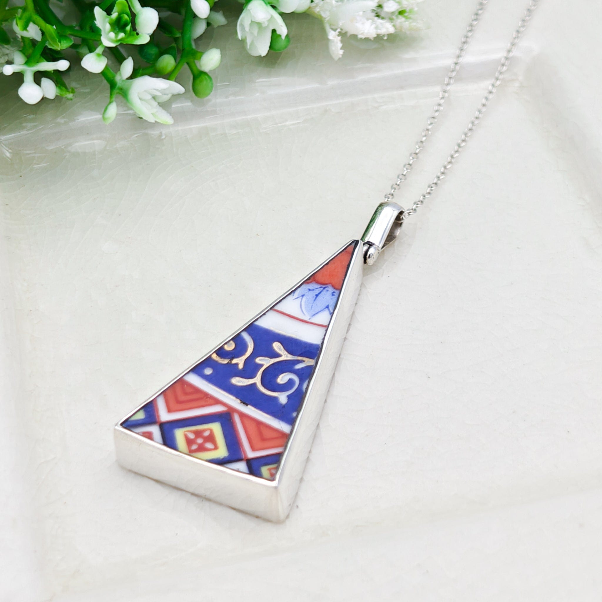 Hepburn & Hughes Upcycled Japanese Imari Pendant | Porcelain | 18th wedding gift | Sterling Silver