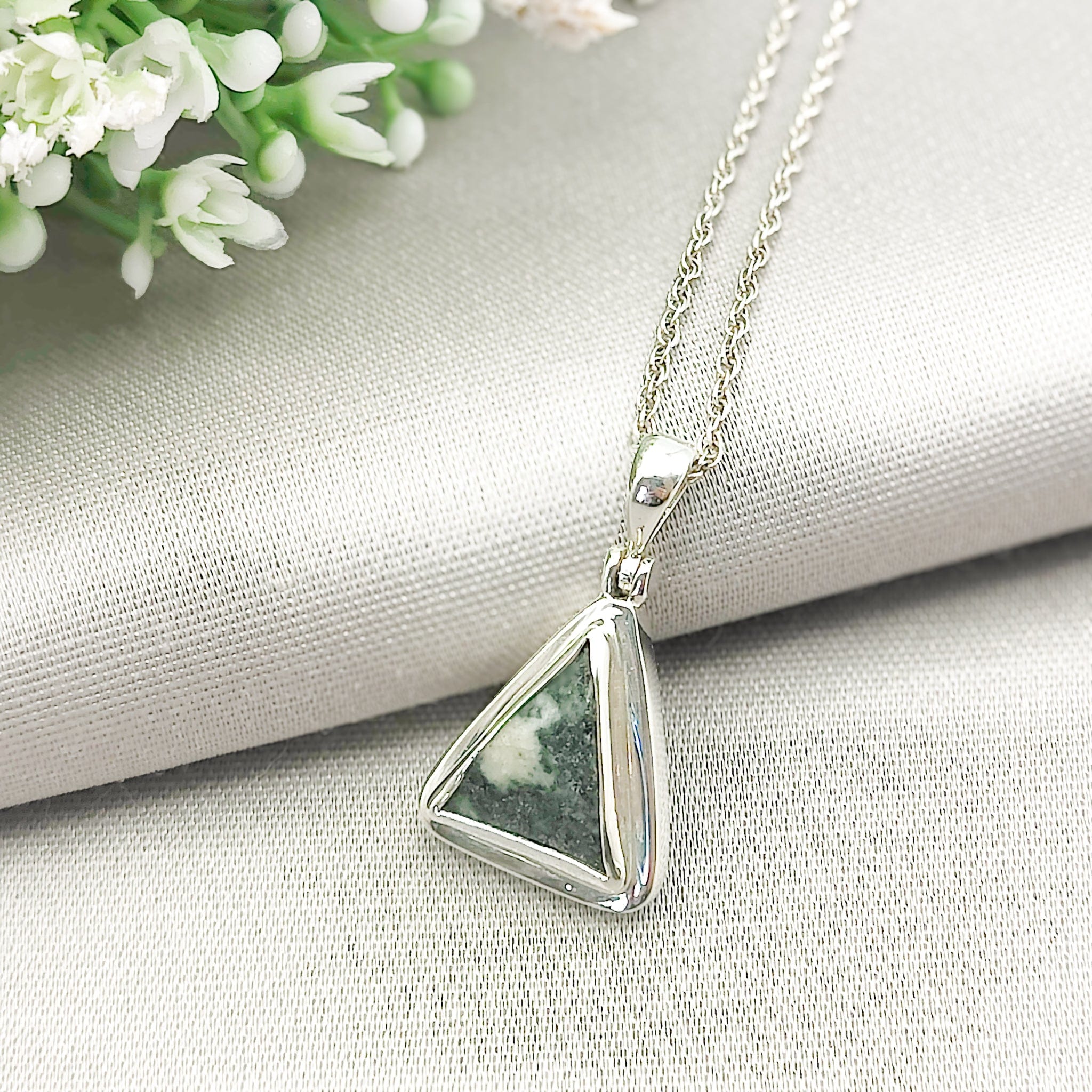 Hepburn and Hughes Welsh Preseli Bluestone Necklace | "Stonehenge" jewellery | Triangle | Sterling Silver