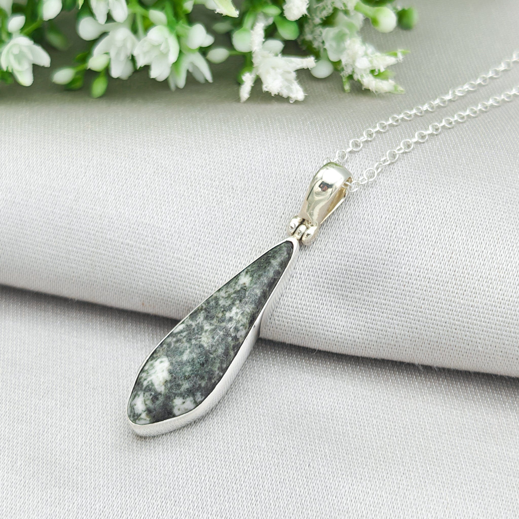 Hepburn and Hughes Welsh Preseli Bluestone Necklace | "Stonehenge" Summer Solstice Gift | Diamond | Sterling Silver