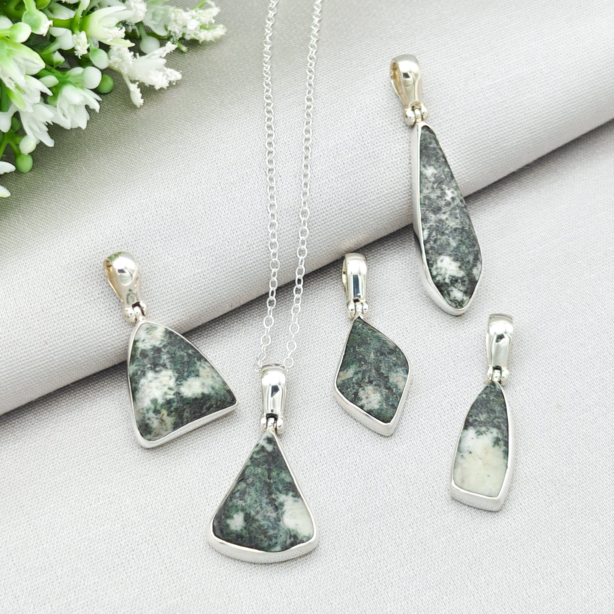 Hepburn and Hughes Welsh Preseli Bluestone Necklace | "Stonehenge" Summer Solstice Gift | Diamond | Sterling Silver