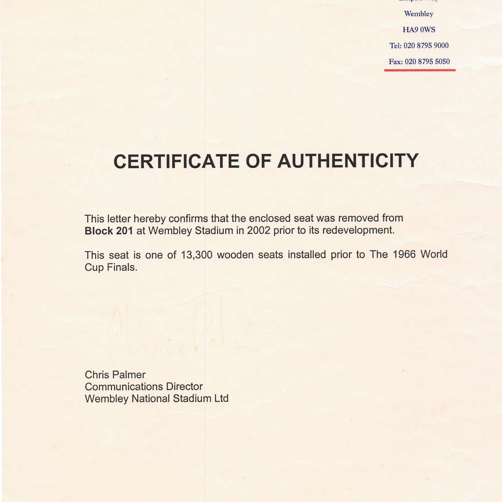 Certificate of authenticity for Wembley Stadium chair jewellery