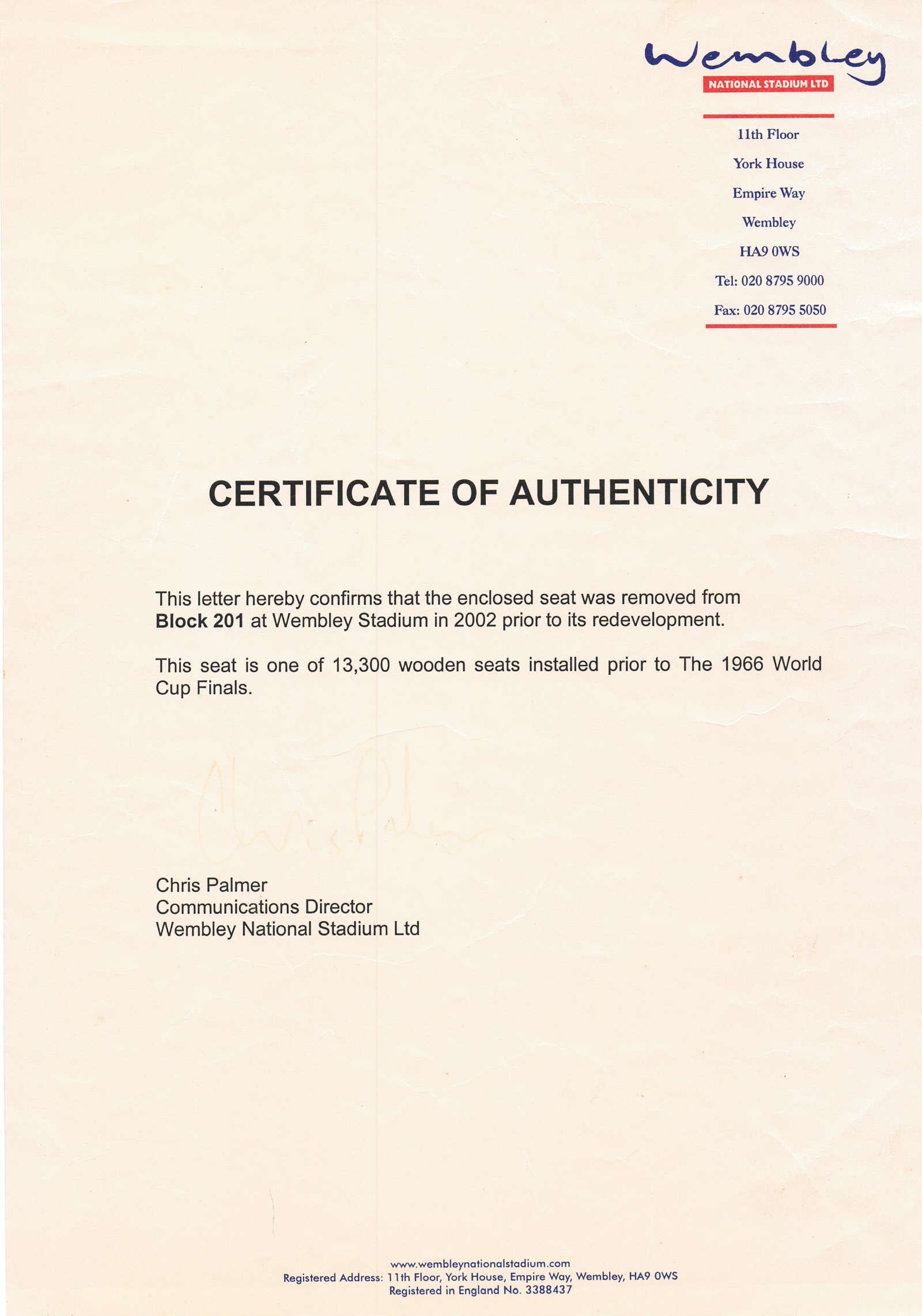Certificate of authenticity for Wembley Stadium chair jewellery