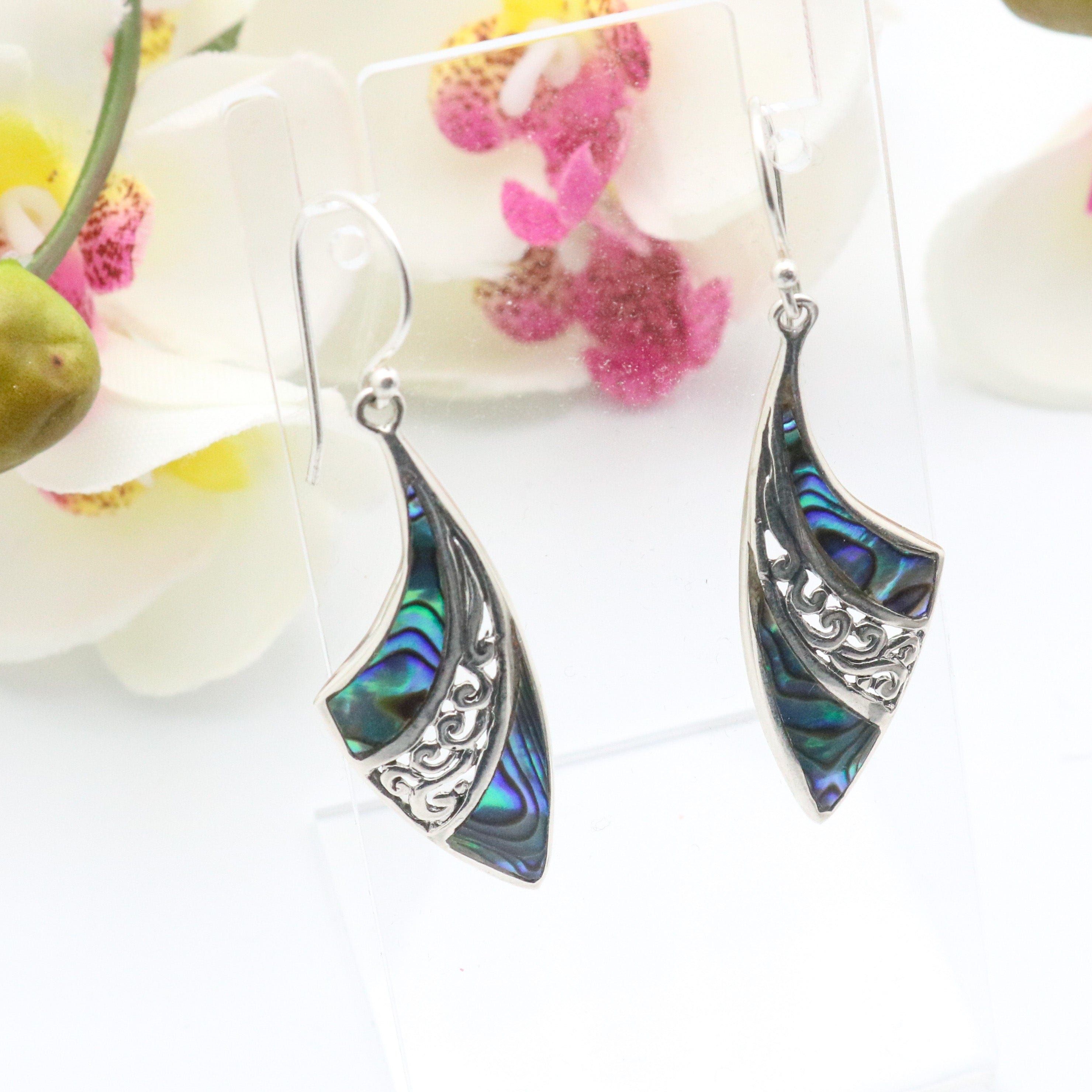 Hepburn and Hughes Abalone Shell Earrings | Abstract with Swirl | Sterling Silver