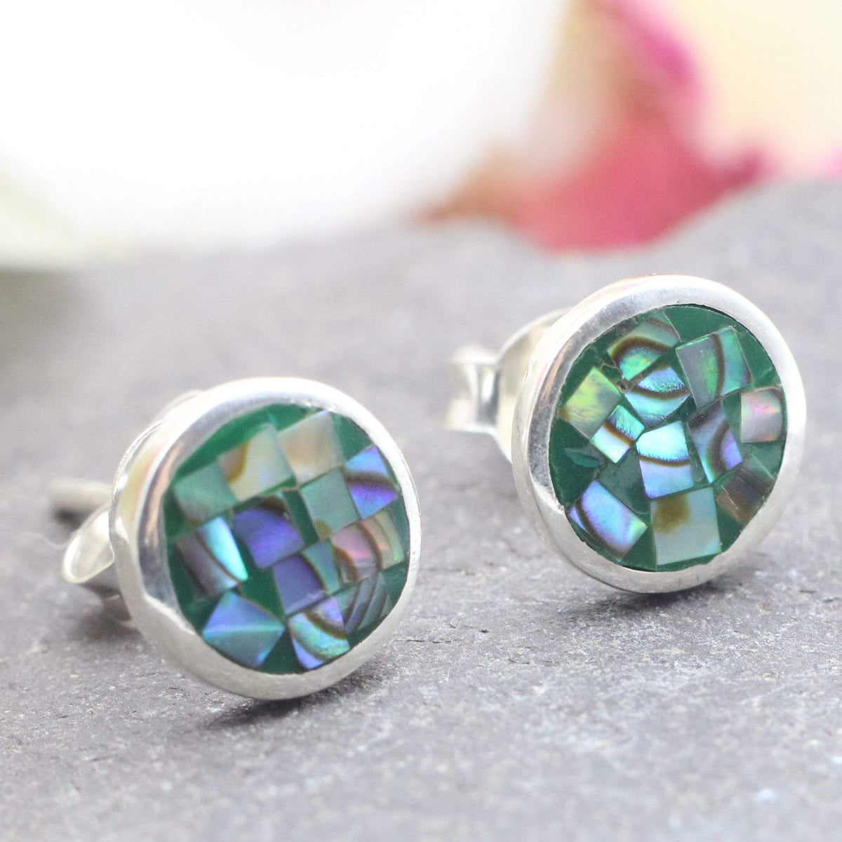 Abalone Shell Earrings, Circle Mosaic Stud