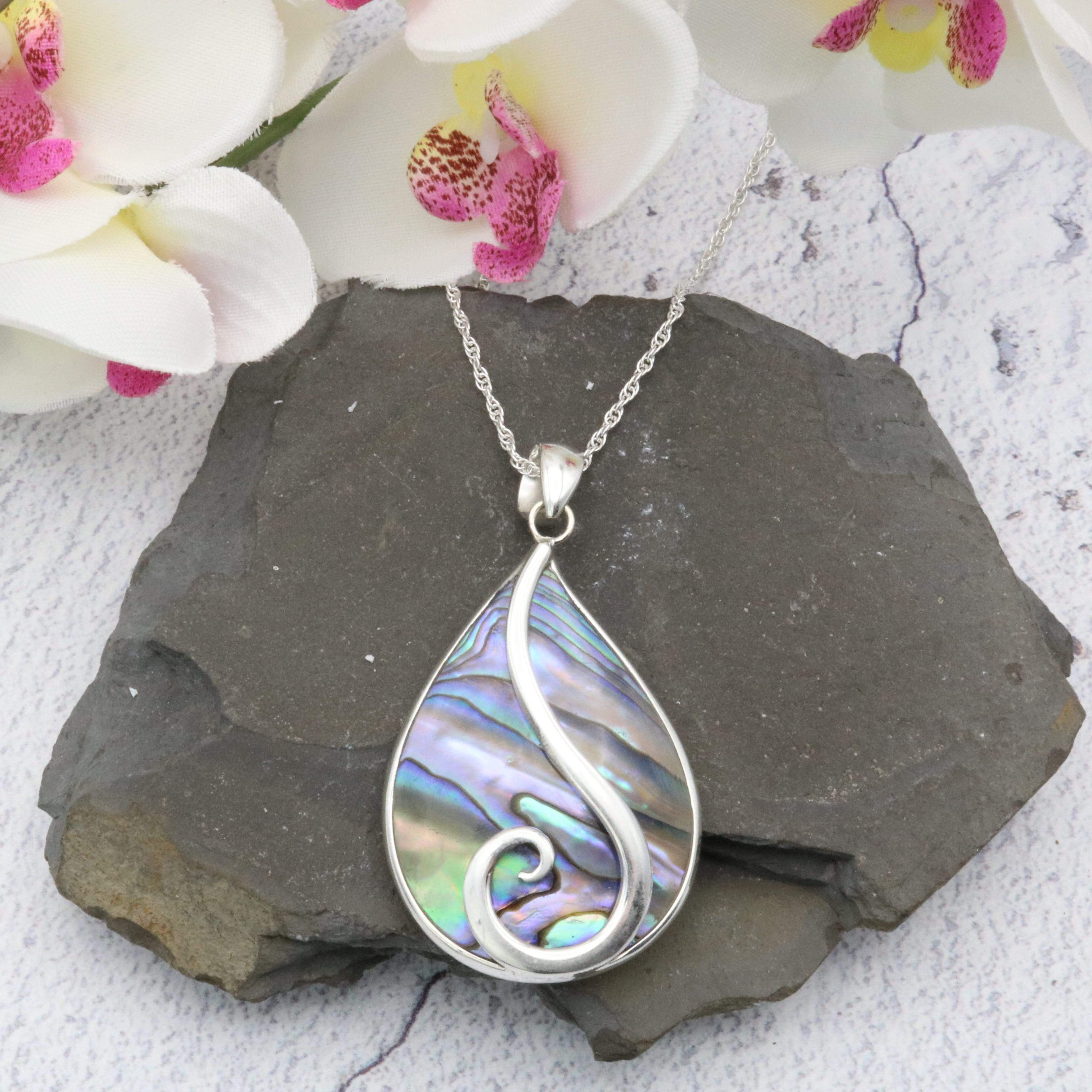 Hepburn and Hughes Abalone Shell Pendant | Teardrop with Swirl | Sterling Silver