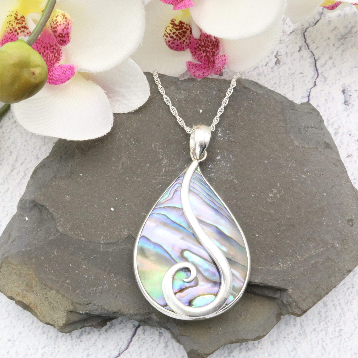 Abalone Shell Pendant | Teardrop with Swirl | Sterling Silver