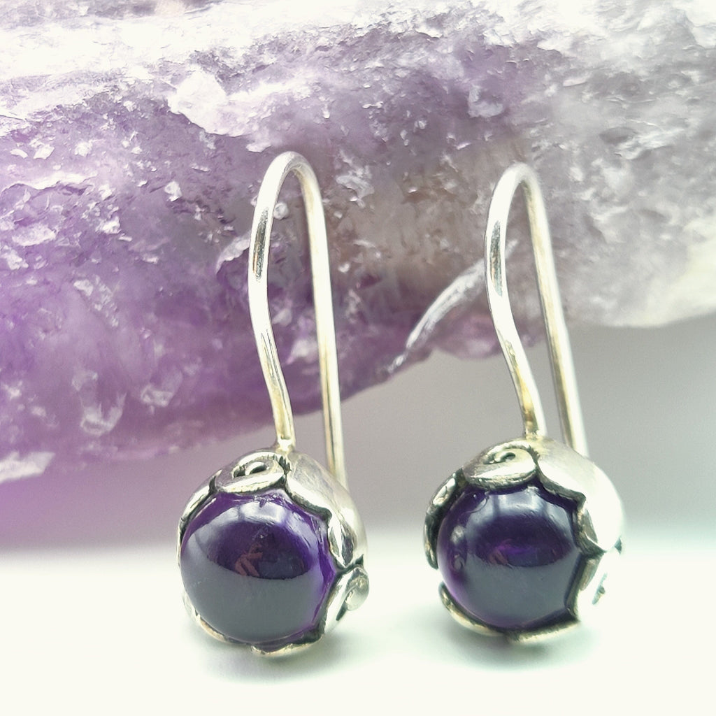 Hepburn and Hughes Amethyst Earrings, with swirl setting in Sterling Silver