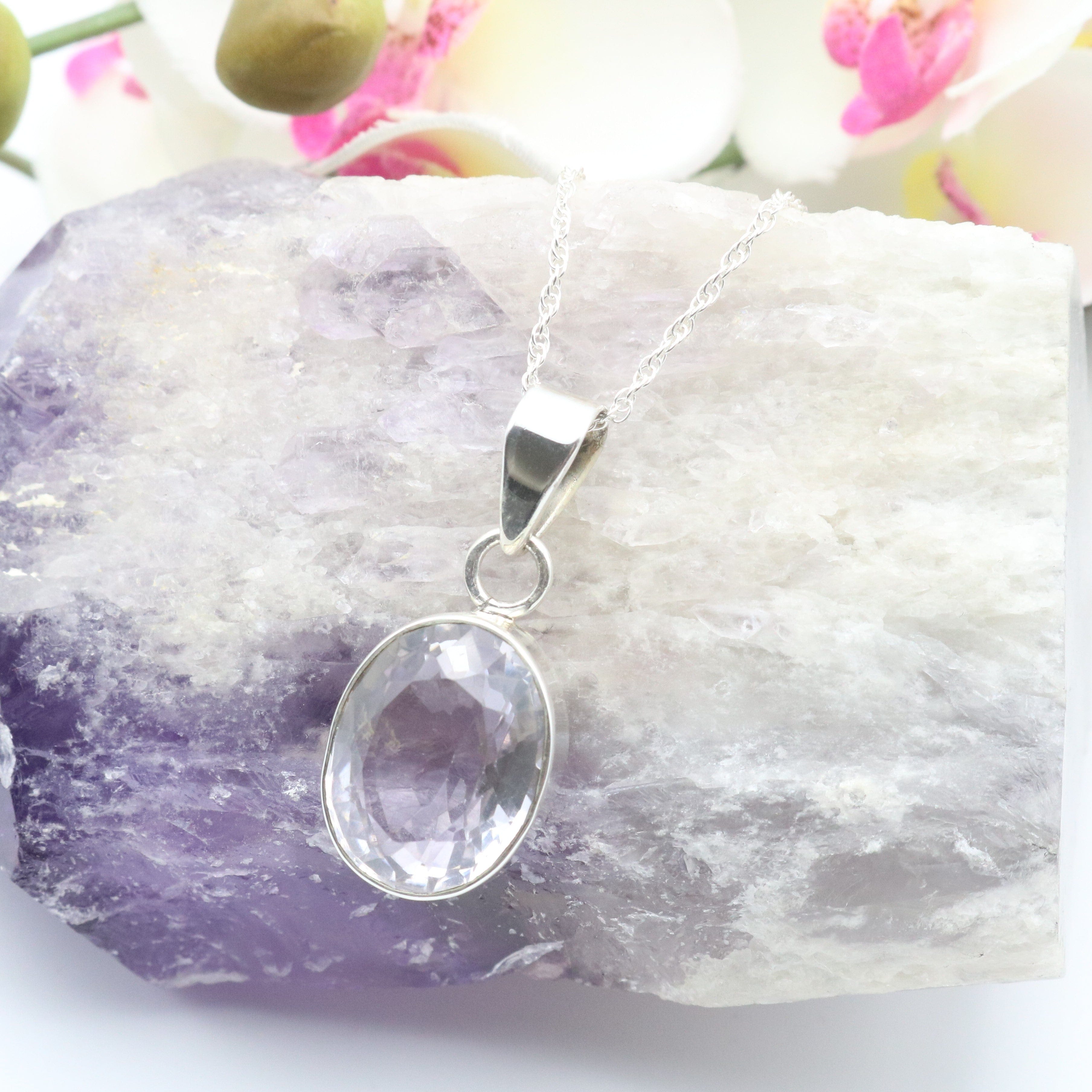 Hepburn and Hughes Amethyst Pendant, Pink Faceted Oval in Sterling Silver
