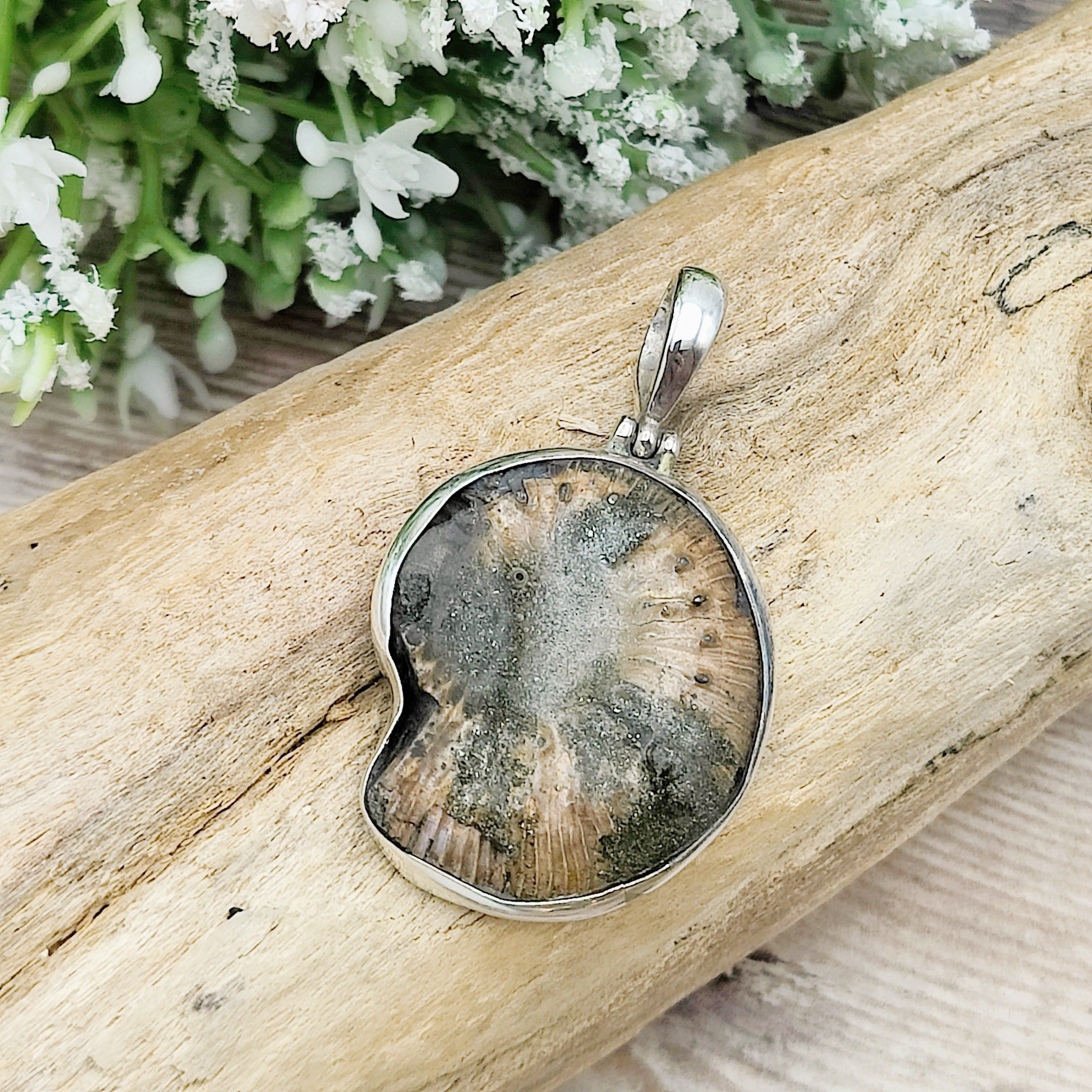 Hepburn and Hughes Ammonite Pendant | Pyrite | Sterling Silver
