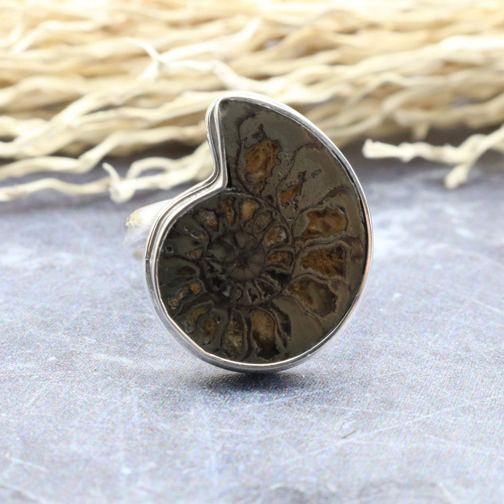 Hepburn and Hughes Ammonite Ring, Pyrite in Sterling Silver