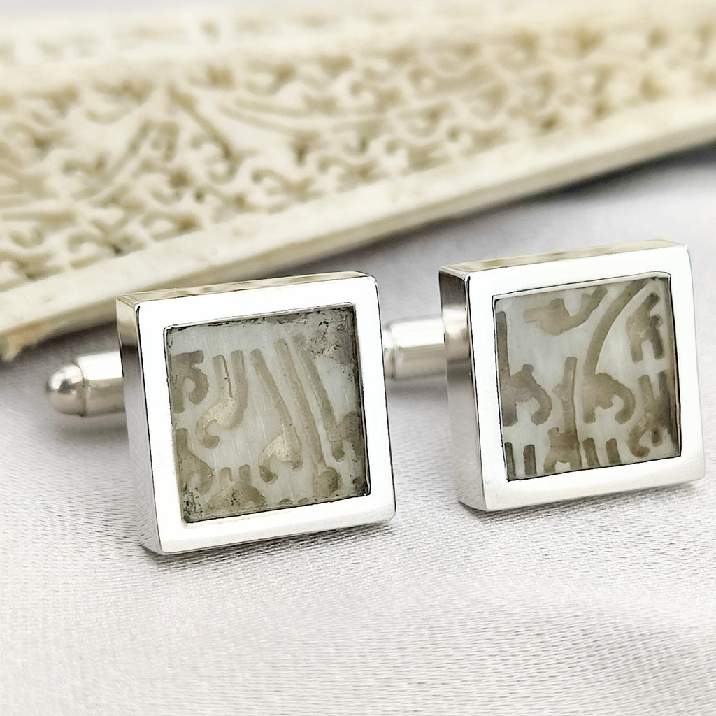Hepburn and Hughes Antique Chinese Fan Cufflinks | Jade | Sterling Silver