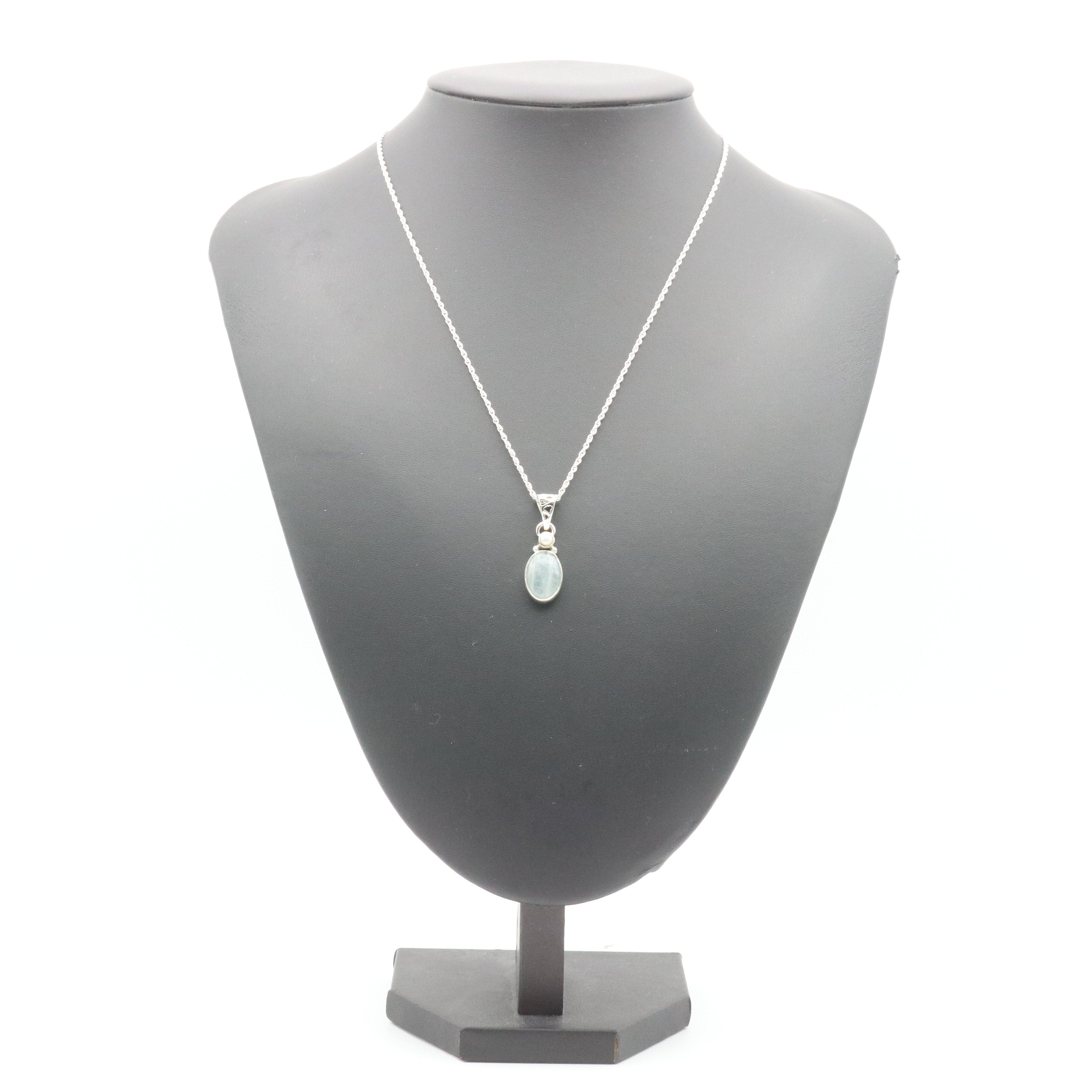 Hepburn and Hughes Aquamarine Pendant | Small Oval with pearl | Sterling Silver