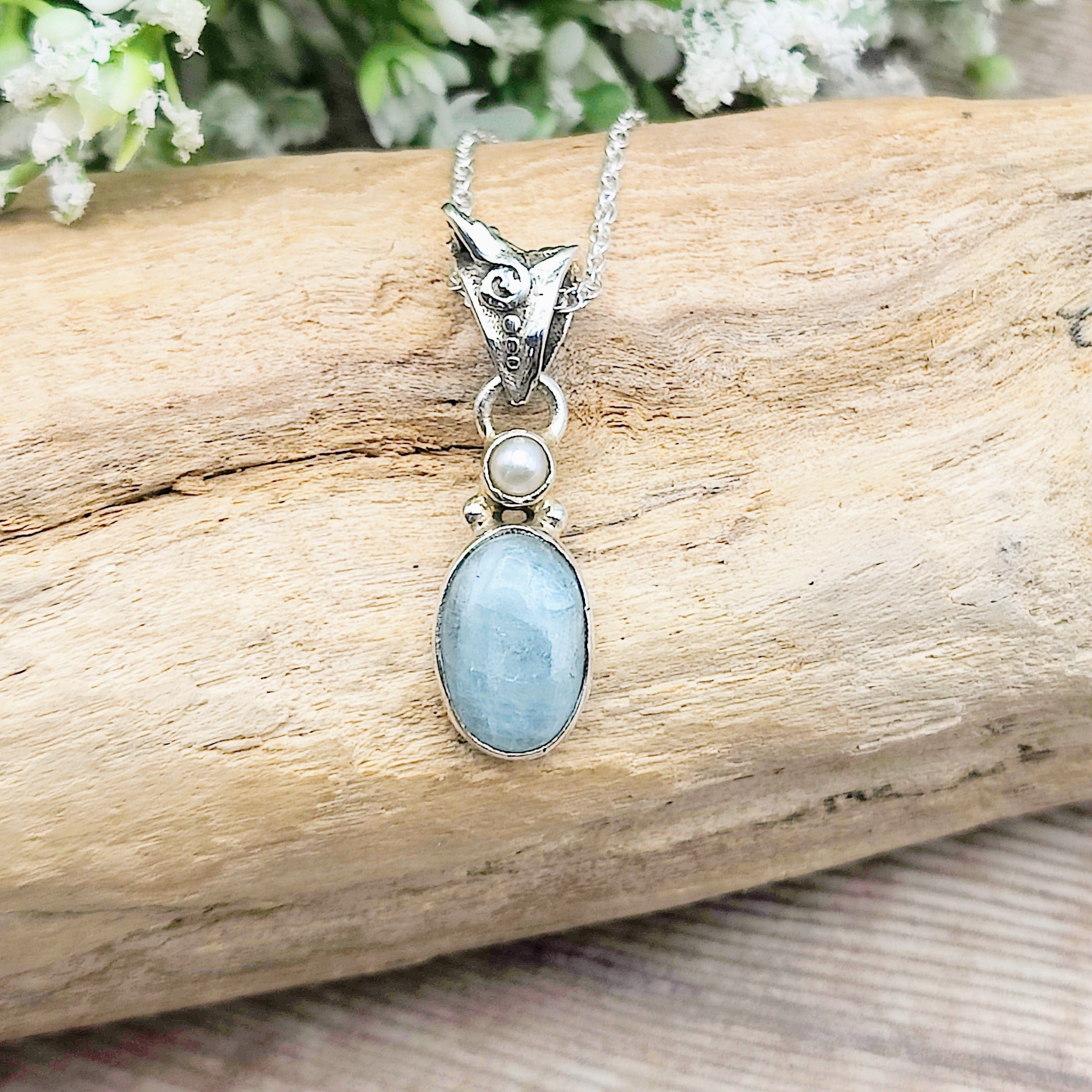 Hepburn and Hughes Aquamarine Pendant | Small Oval with pearl | Sterling Silver