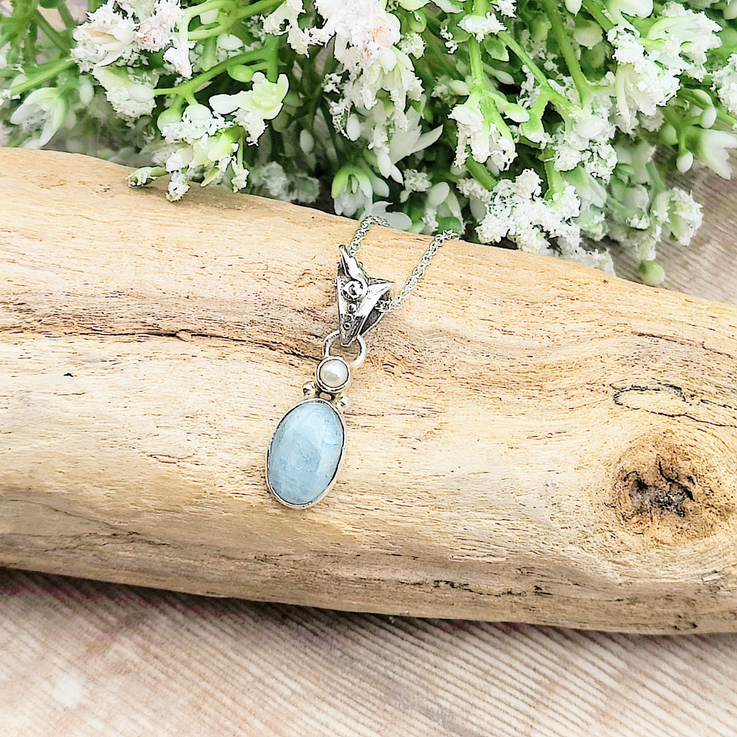 Hepburn and Hughes Aquamarine Pendant | Small Oval with pearl | Sterling Silver