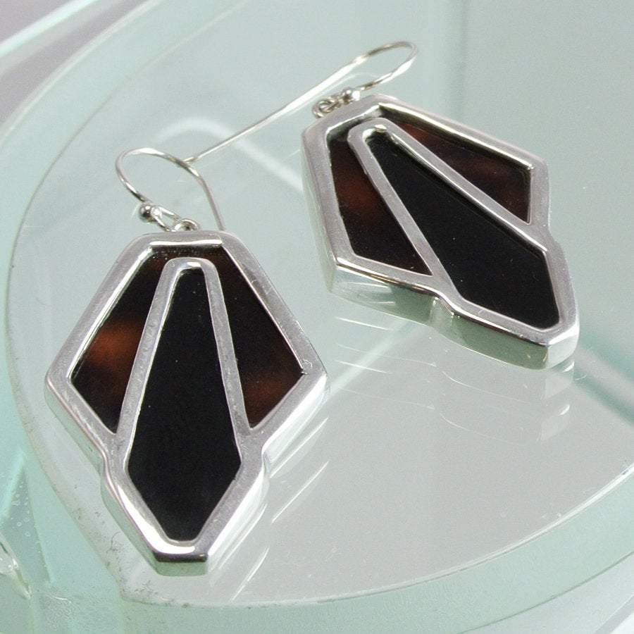 Hepburn and Hughes Art Deco Earrings, Tortoiseshell in Sterling Silver
