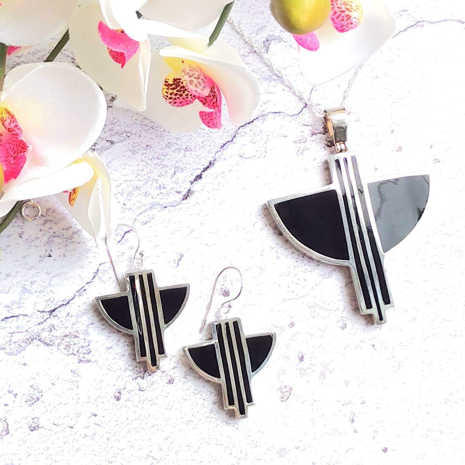 Hepburn and Hughes Art Deco Pendant and Earrings set, in Sterling Silver