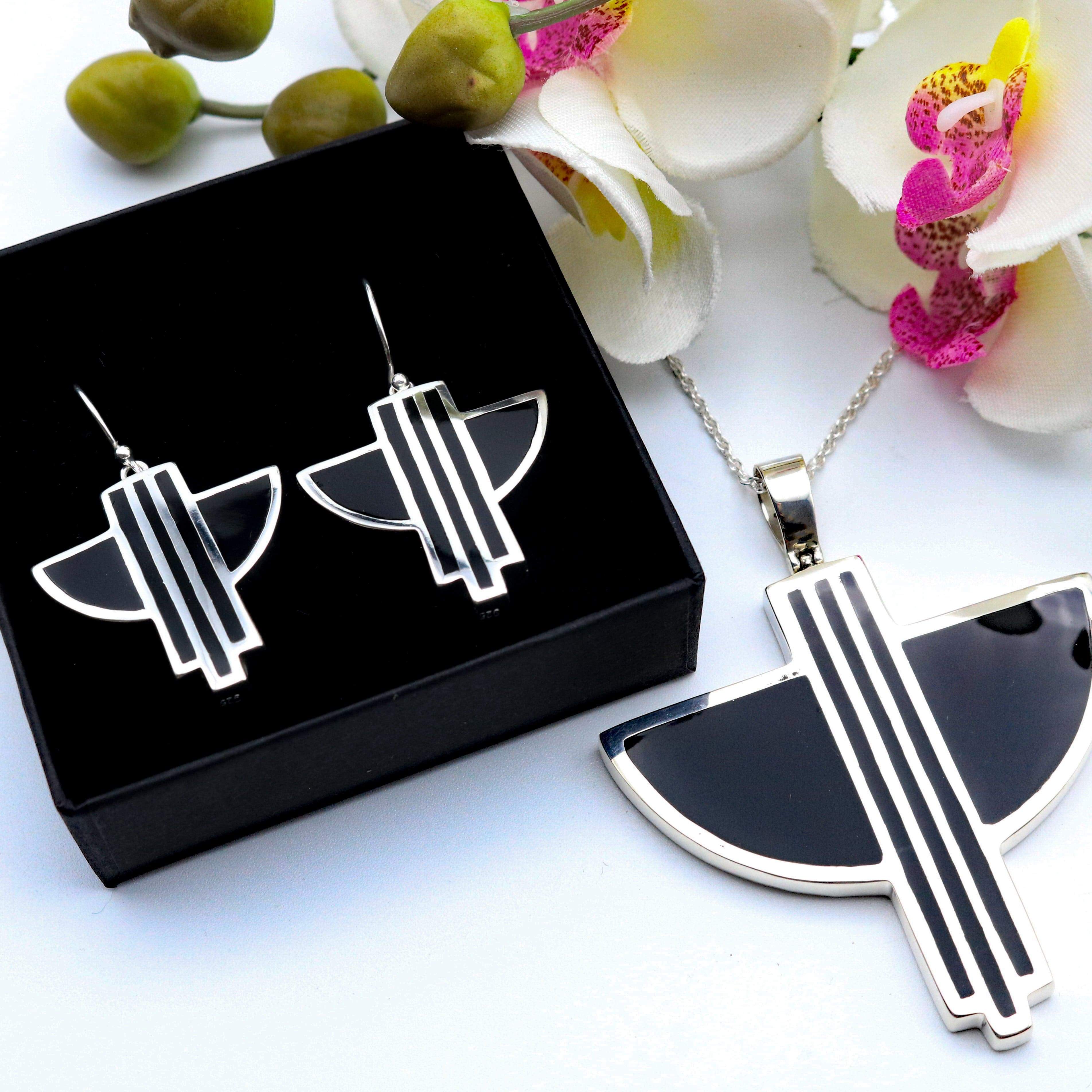 Hepburn and Hughes Art Deco Pendant and Earrings set, in Sterling Silver