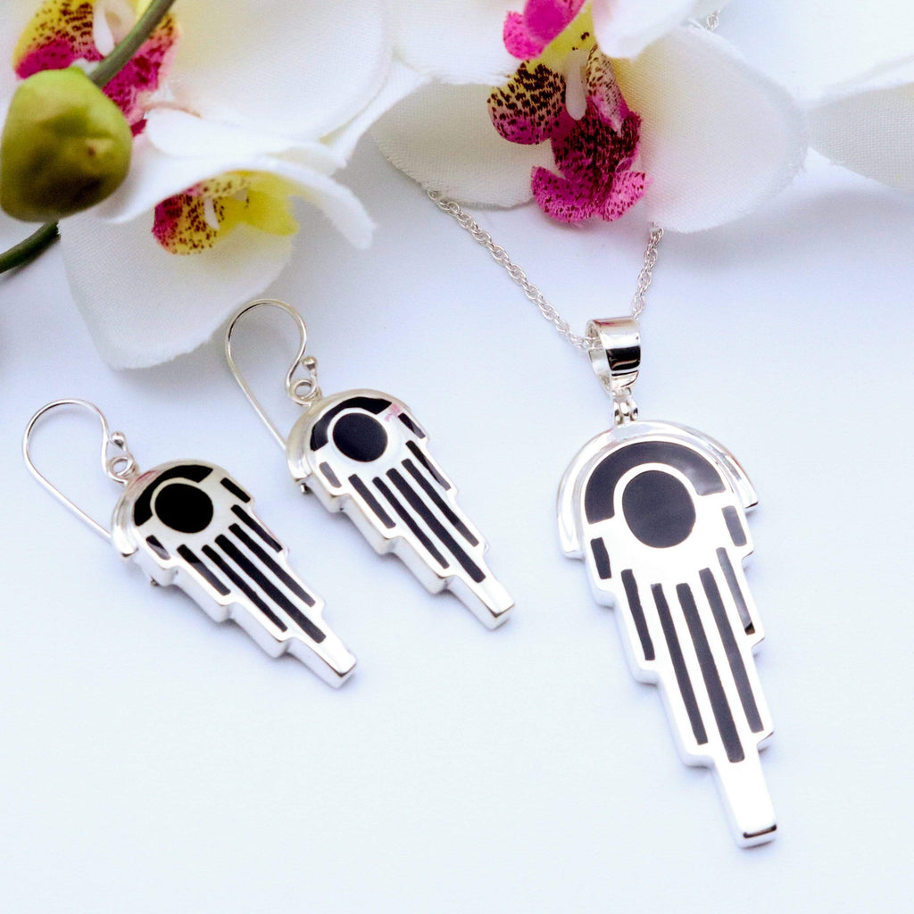 Hepburn and Hughes Art Deco Pendant and Earrings set, in Sterling Silver