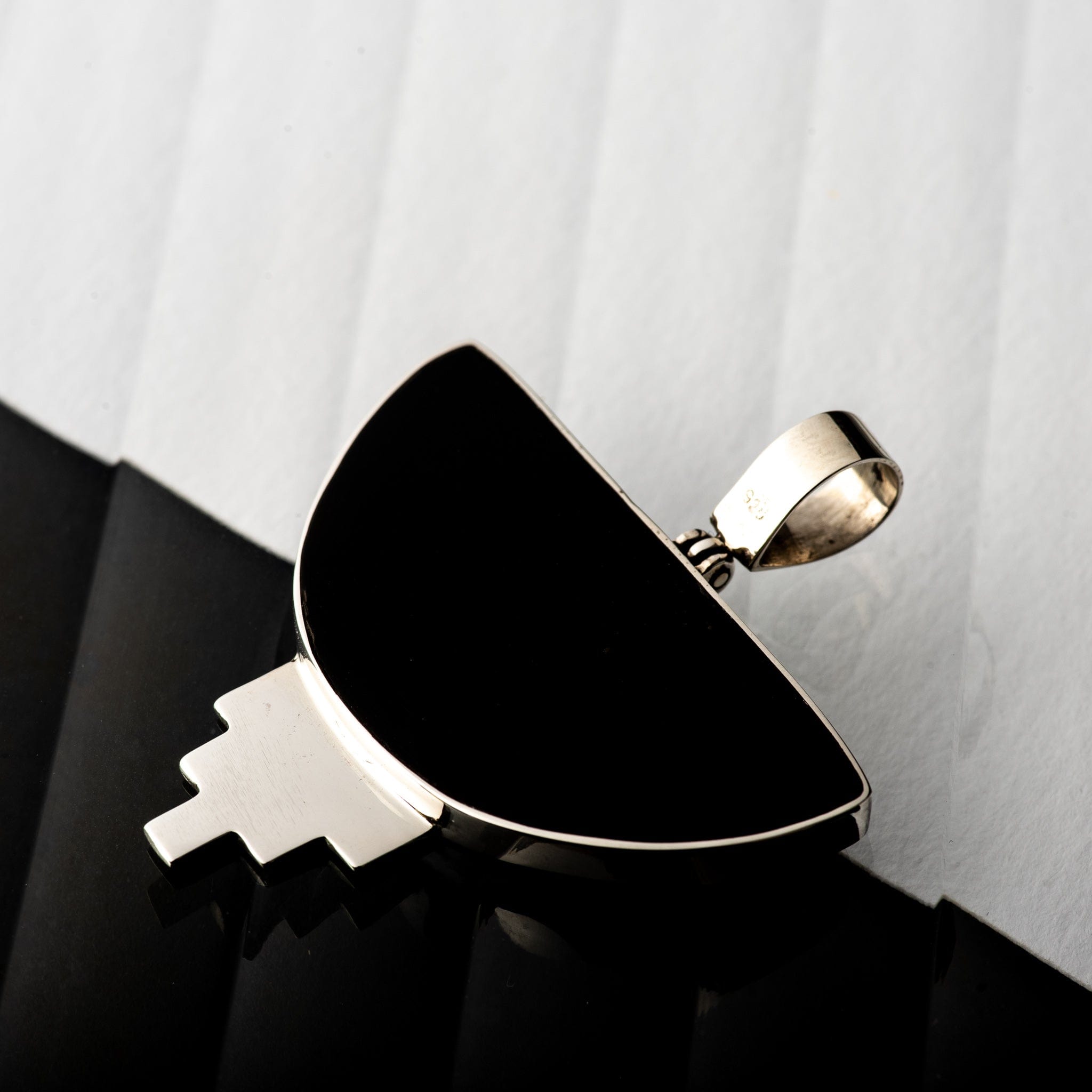 Hepburn and Hughes Art Deco Pendant, black semicircle in Sterling Silver