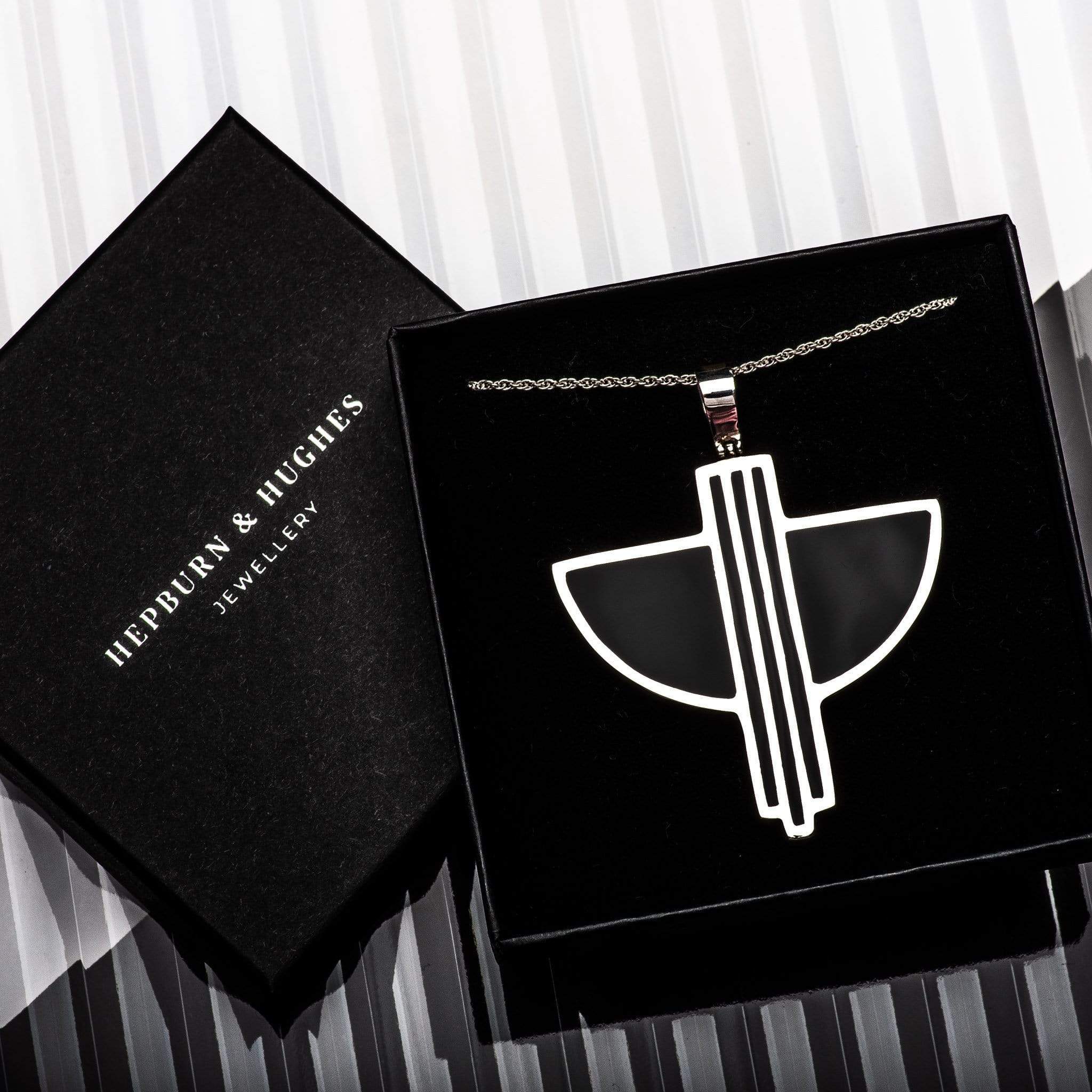 Hepburn and Hughes Art Deco Pendant, black semicircle in Sterling Silver