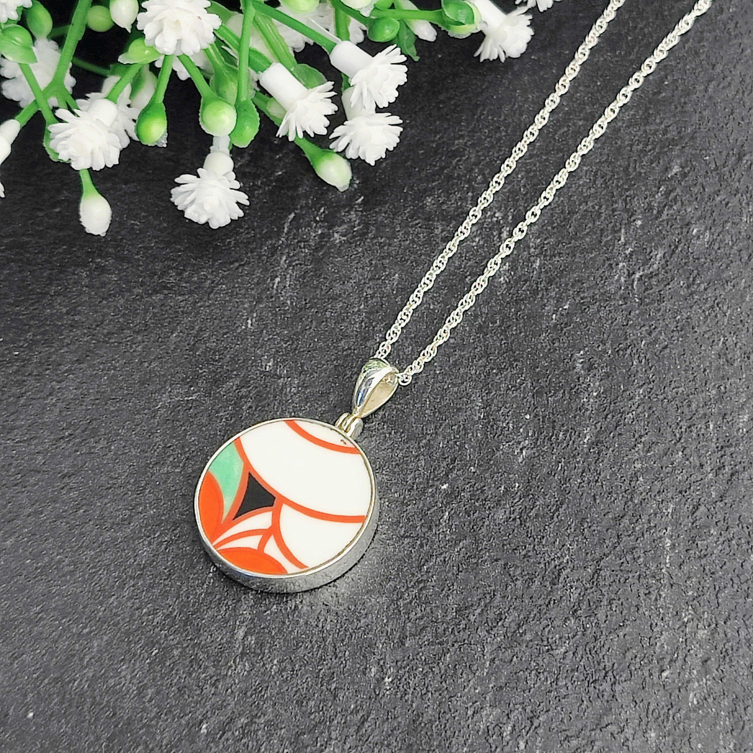Hepburn and Hughes Art Deco pendant | Circular Clarice Cliff necklace | 20mm diameter | Six options | Sterling Silver