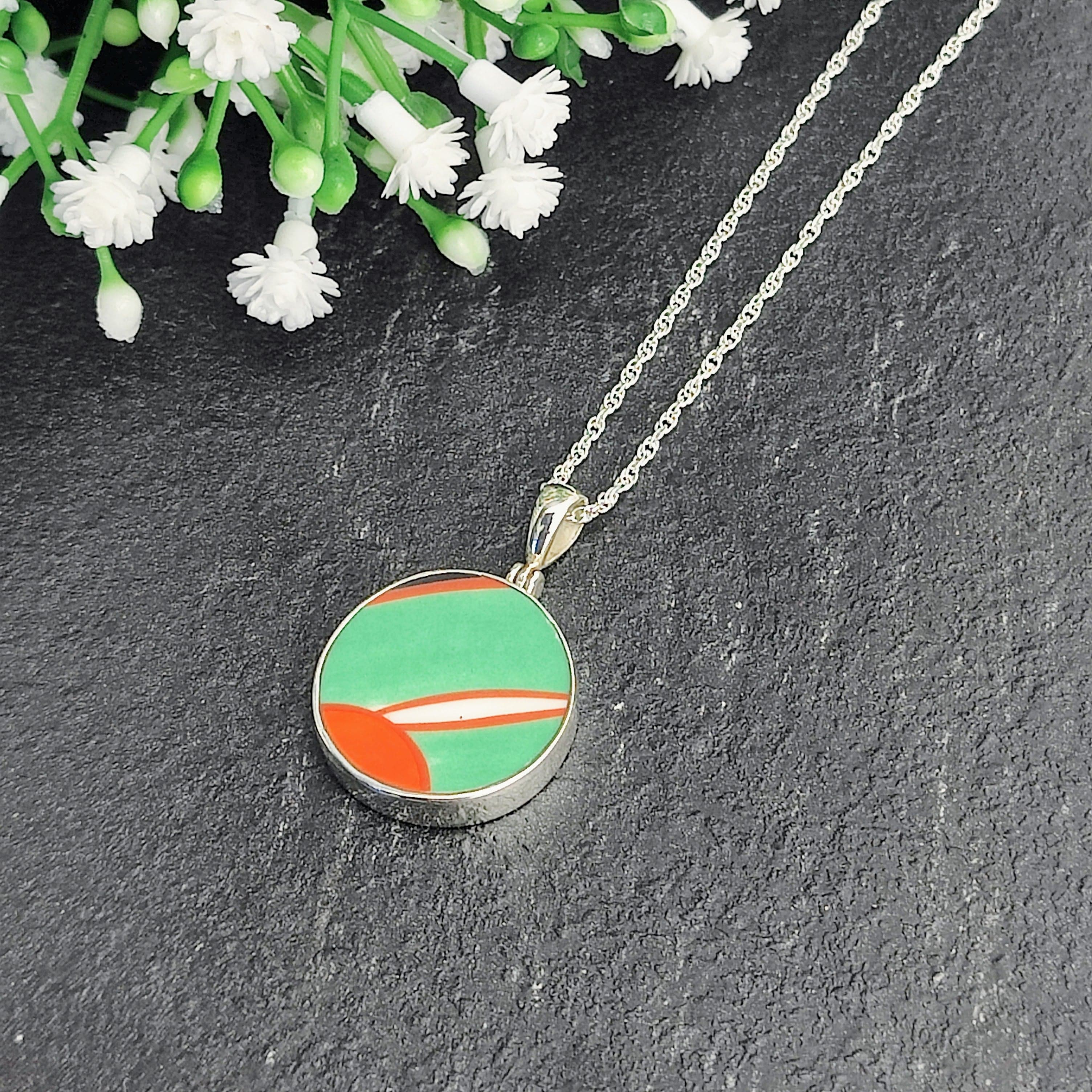 Hepburn and Hughes Art Deco pendant | Circular Clarice Cliff necklace | 20mm diameter | Six options | Sterling Silver