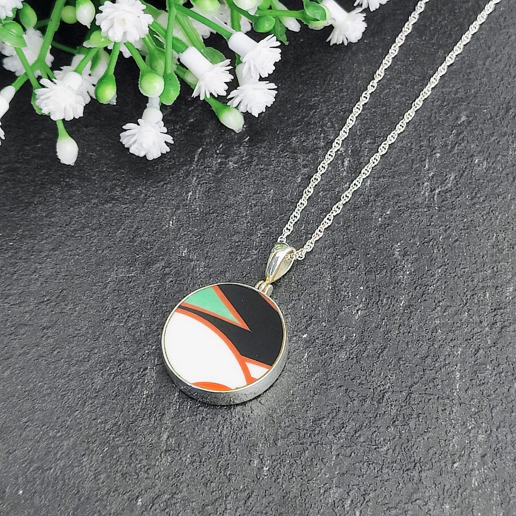 Hepburn and Hughes Art Deco pendant | Circular Clarice Cliff necklace | 20mm diameter | Six options | Sterling Silver