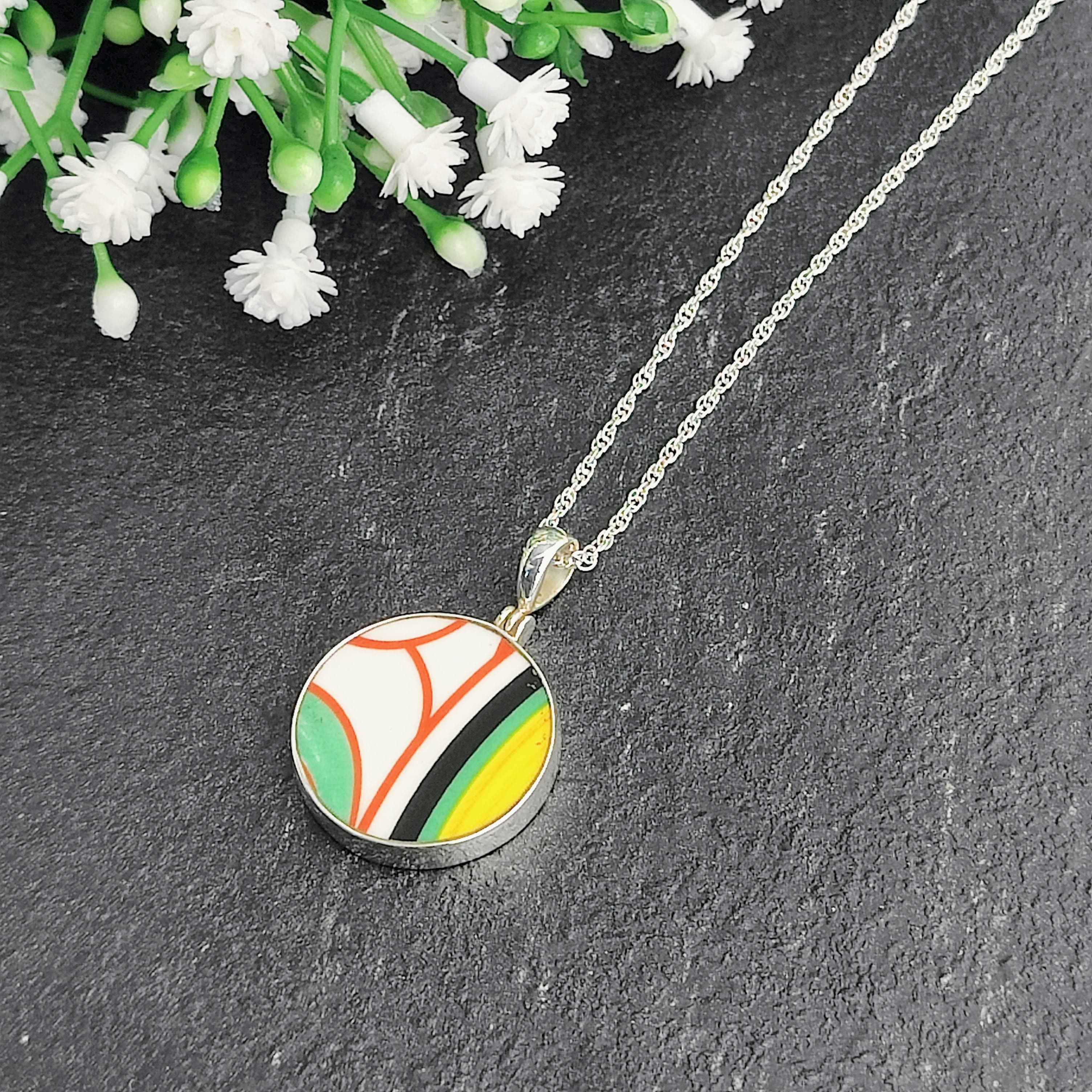 Hepburn and Hughes Art Deco pendant | Circular Clarice Cliff necklace | 20mm diameter | Six options | Sterling Silver