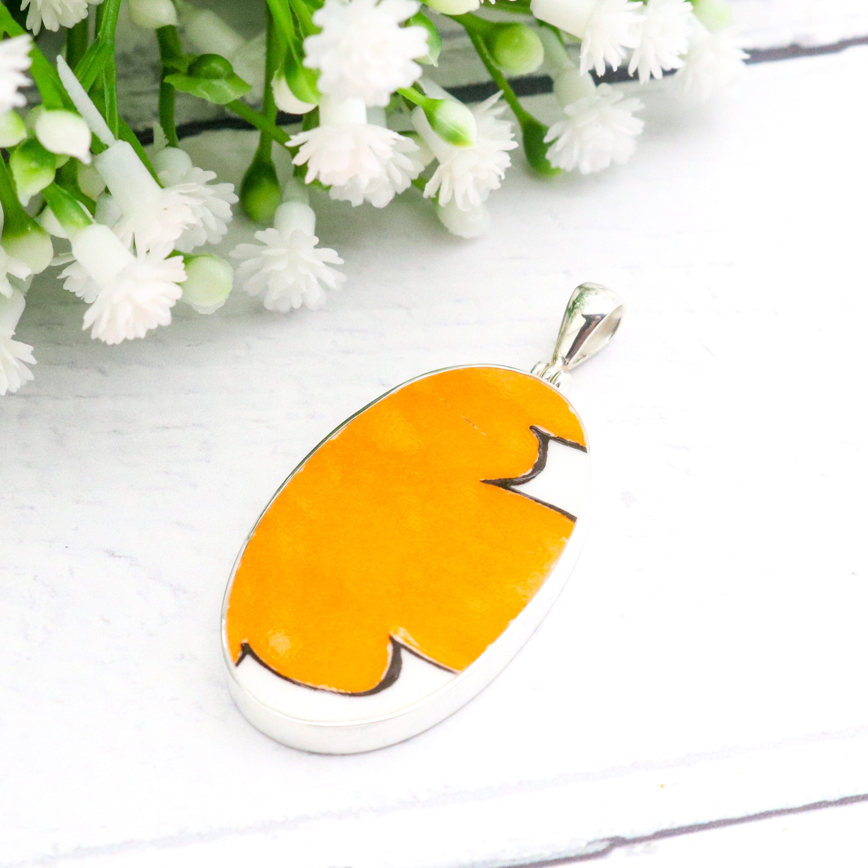 Hepburn and Hughes Art Deco Pendant | Clarice Cliff Necklace | Orange and White | Sterling Silver