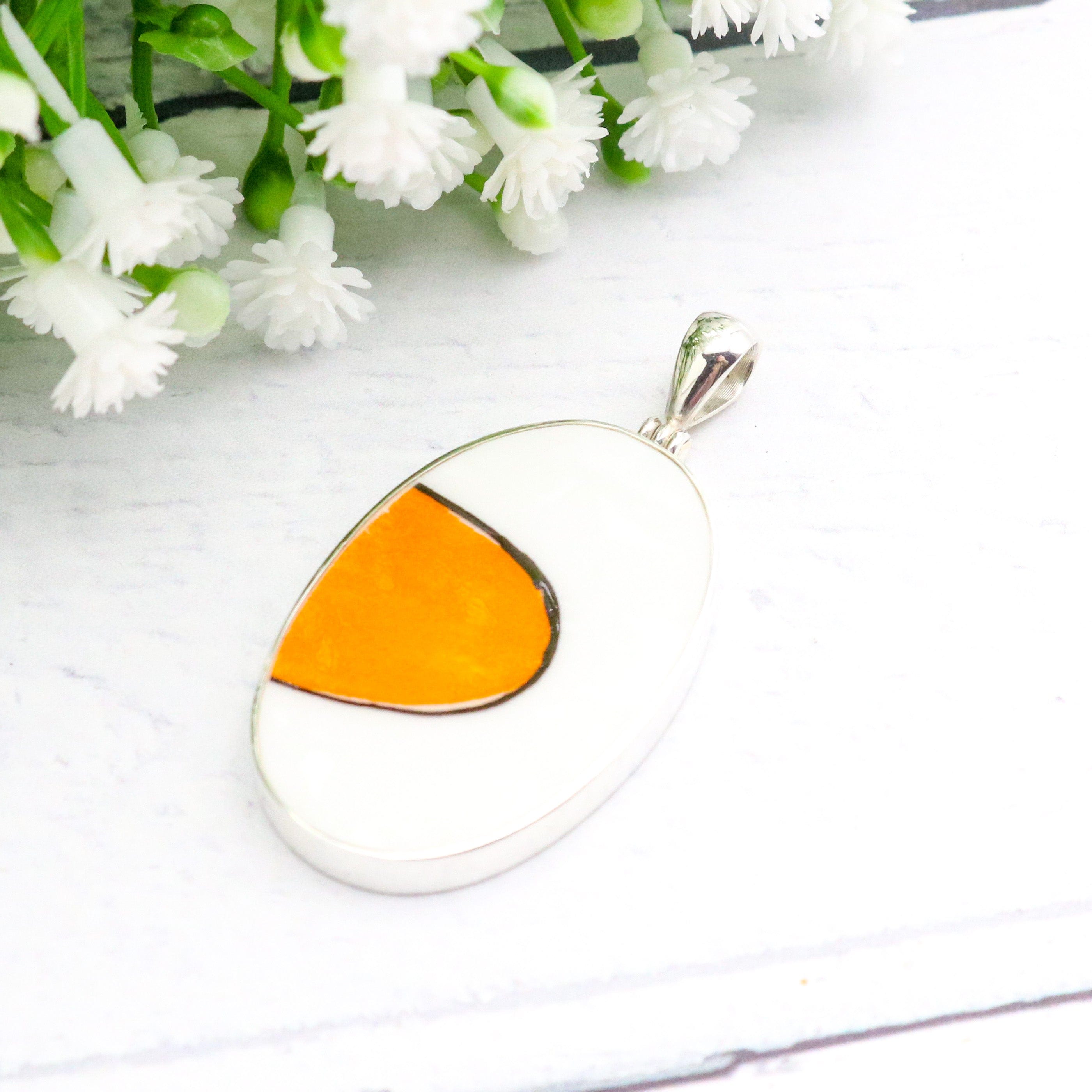 Hepburn and Hughes Art Deco Pendant | Clarice Cliff Necklace | Orange and White | Sterling Silver