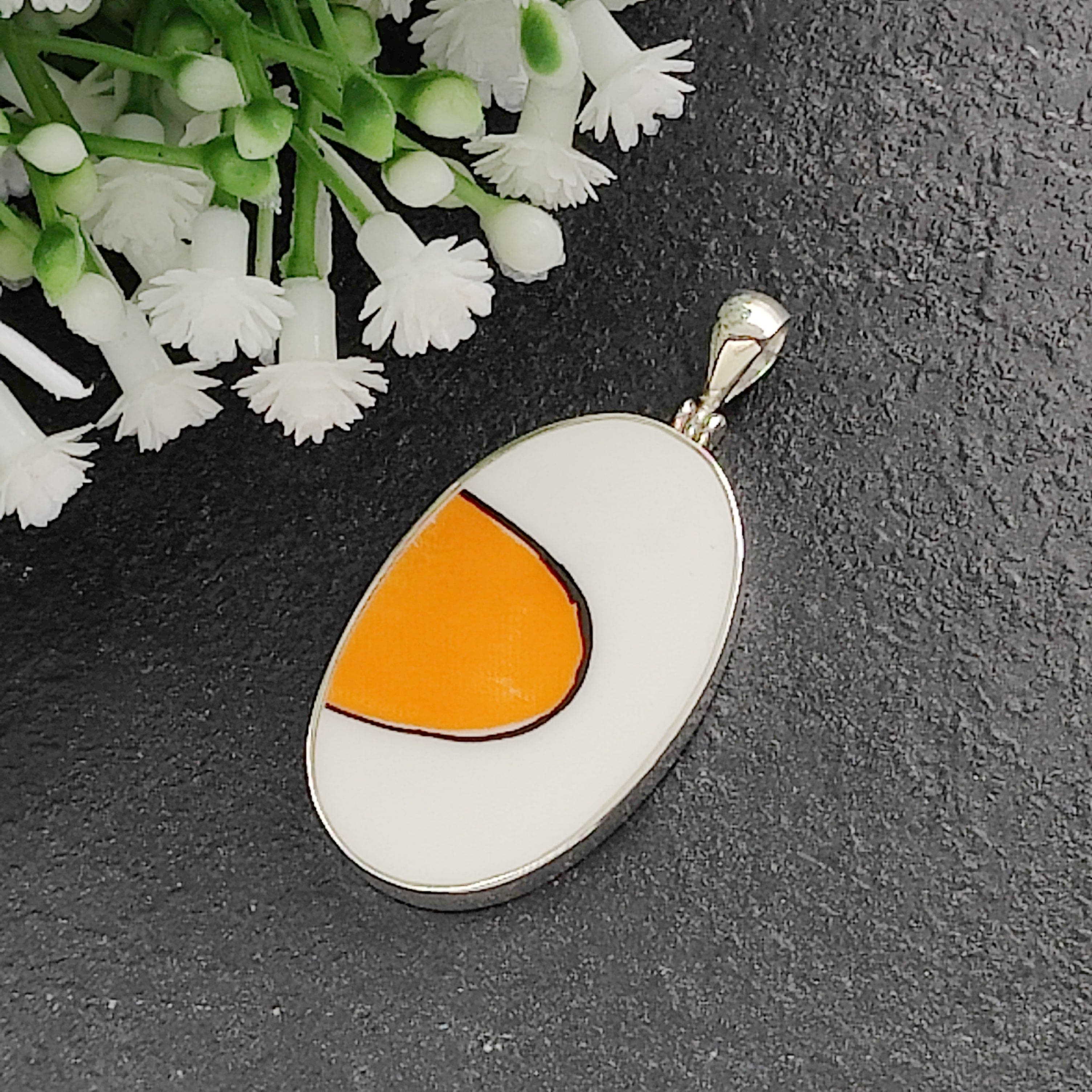 Hepburn and Hughes Art Deco Pendant | Clarice Cliff Necklace | Orange and White | Sterling Silver