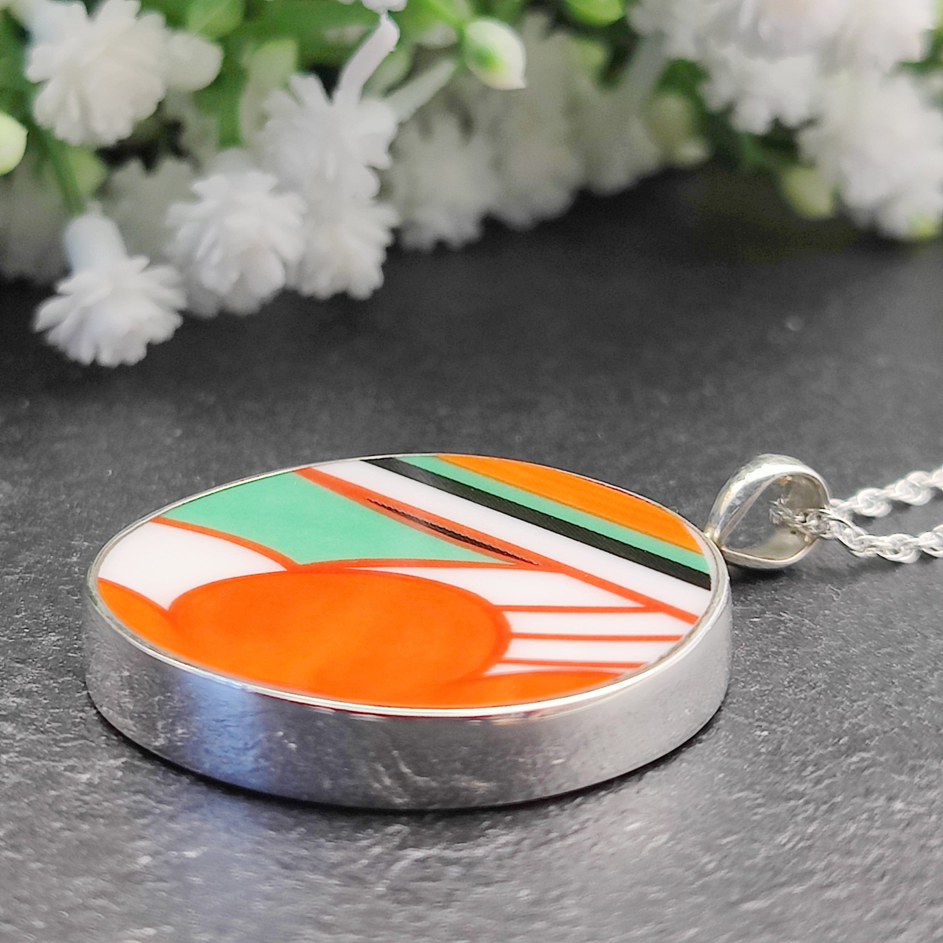 Hepburn and Hughes Art Deco pendant | Clarice Cliff necklace | Sterling Silver | Five options | Orange and Green