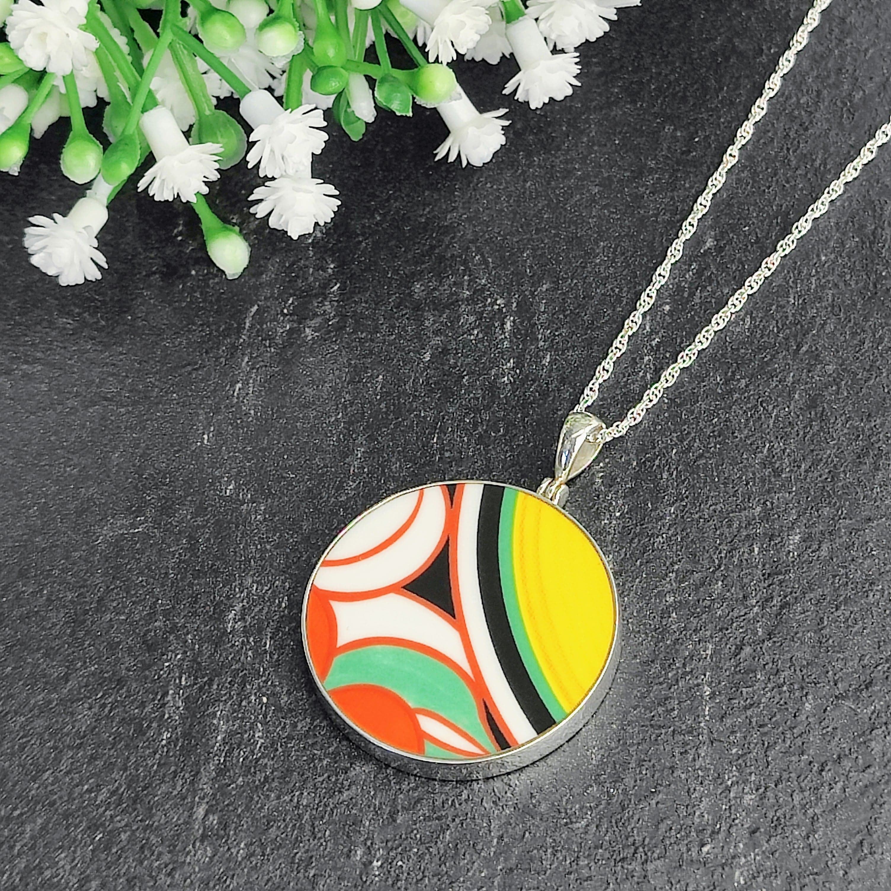 Hepburn and Hughes Art Deco pendant | Clarice Cliff necklace | Sterling Silver | Five options | Orange and Green
