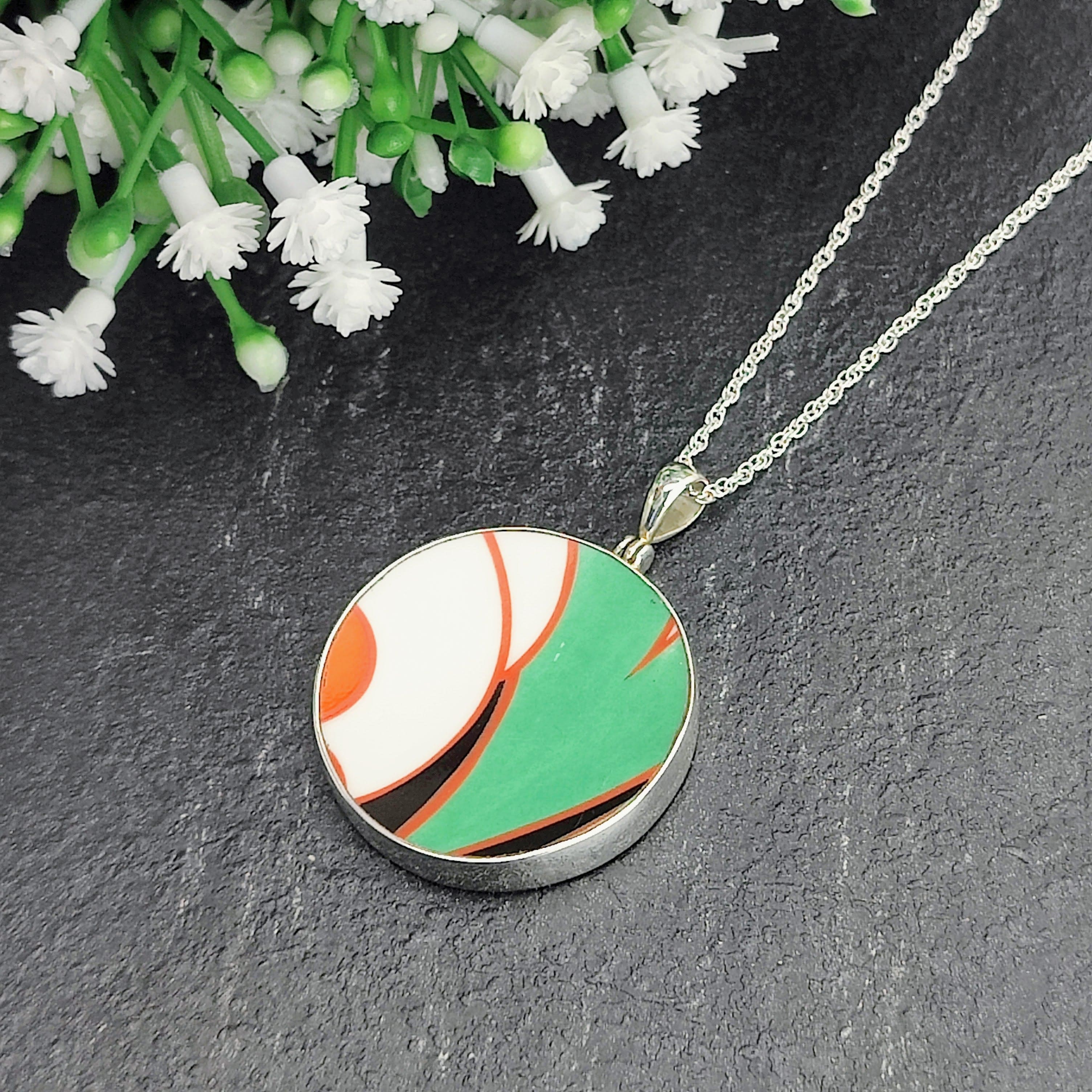 Hepburn and Hughes Art Deco pendant | Clarice Cliff necklace | Sterling Silver | Five options | Orange and Green