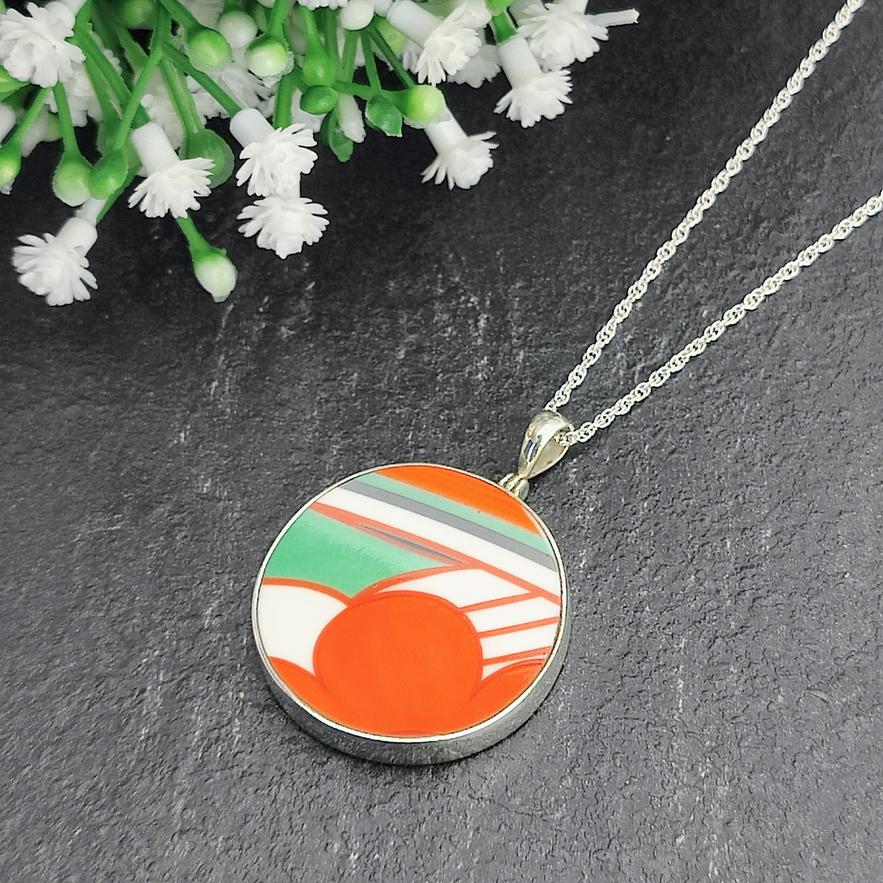 Hepburn and Hughes Art Deco pendant | Clarice Cliff necklace | Sterling Silver | Five options | Orange and Green