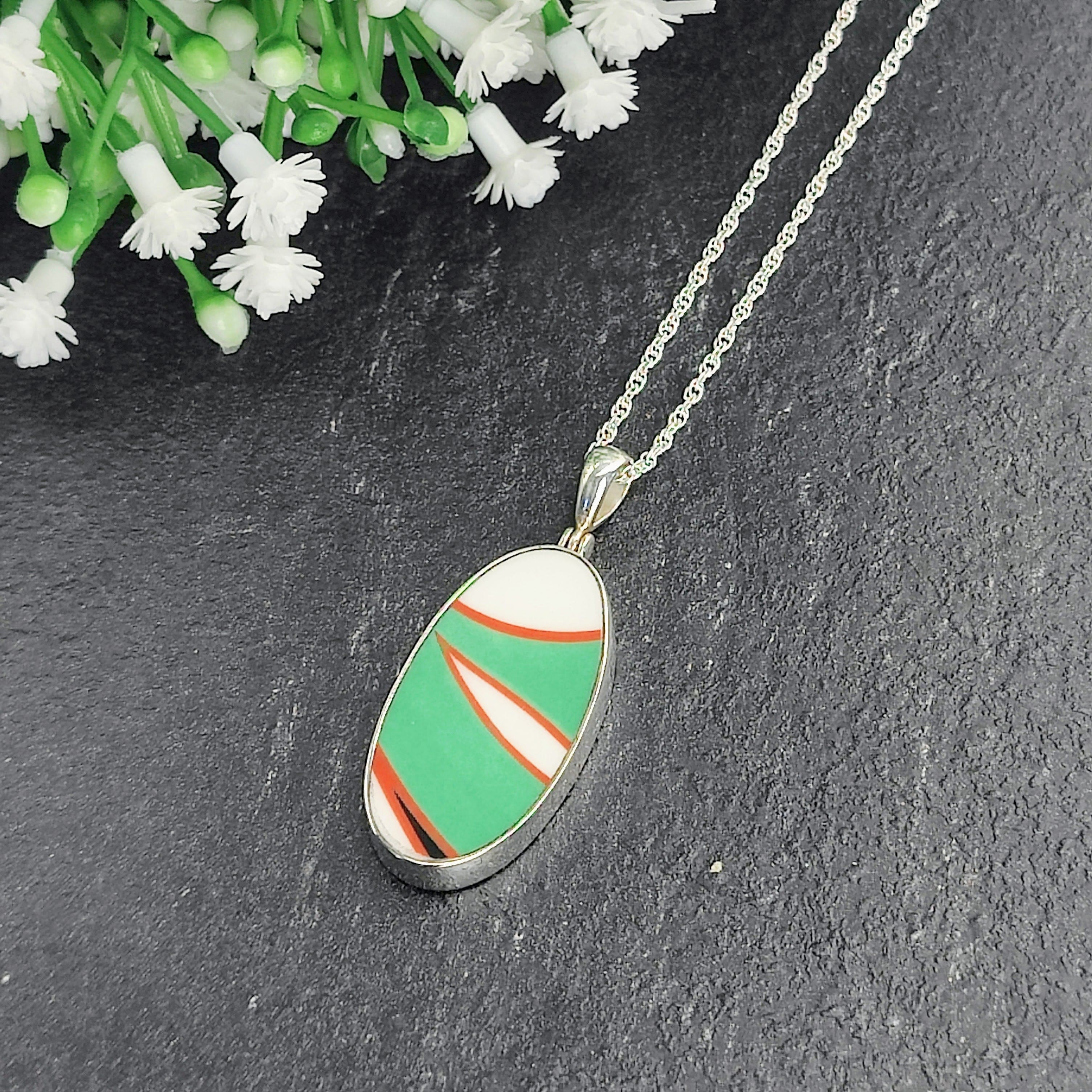 Hepburn and Hughes Art Deco pendant | Oval Clarice Cliff necklace | 40mm long | Four options | Sterling Silver