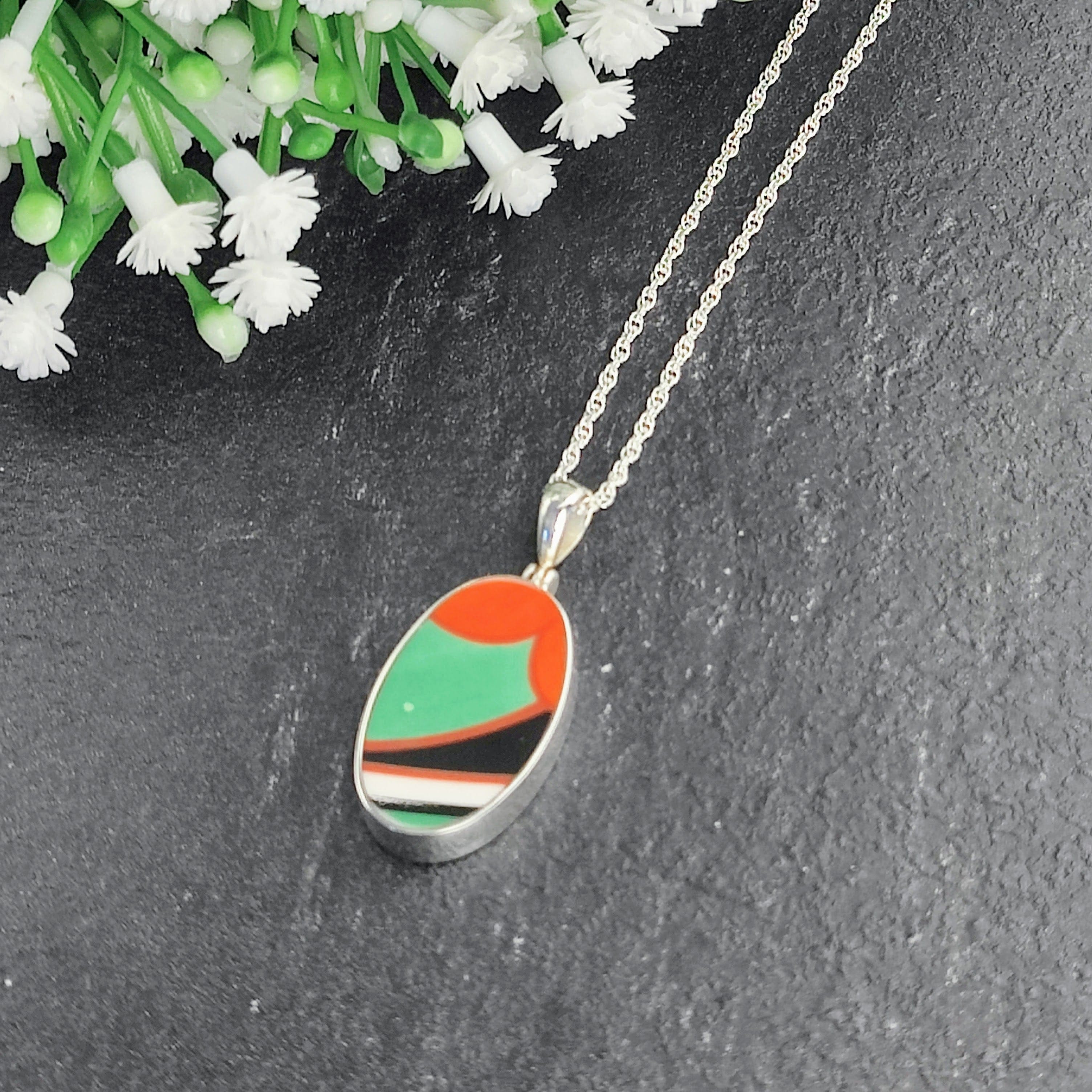 Hepburn and Hughes Art Deco pendant | Oval Clarice Cliff necklace | 40mm long | Four options | Sterling Silver