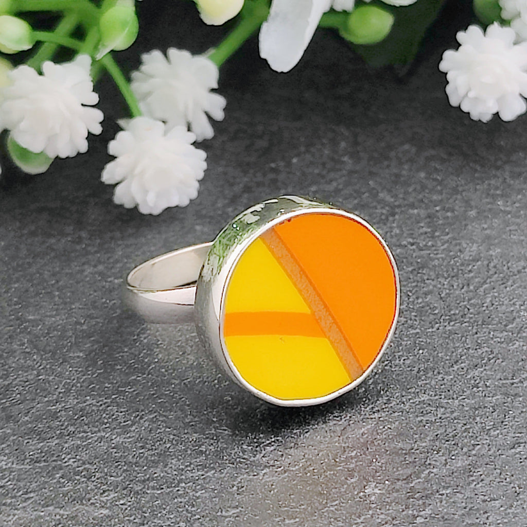 Hepburn and Hughes Art Deco Ring | Clarice Cliff Ceramics | Yellow or Orange | Sterling Silver