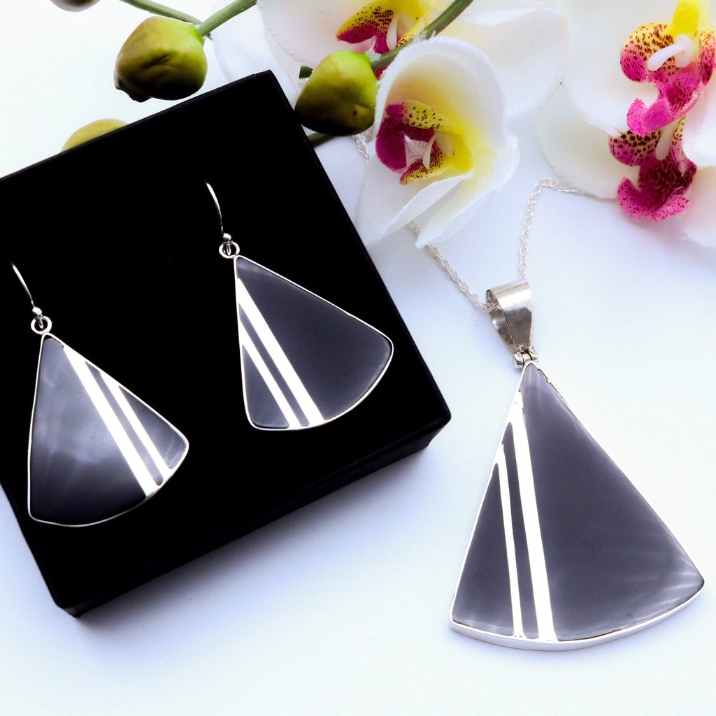 Hepburn and Hughes Art Deco Triangular Pendant and Earrings Set, in Sterling Silver