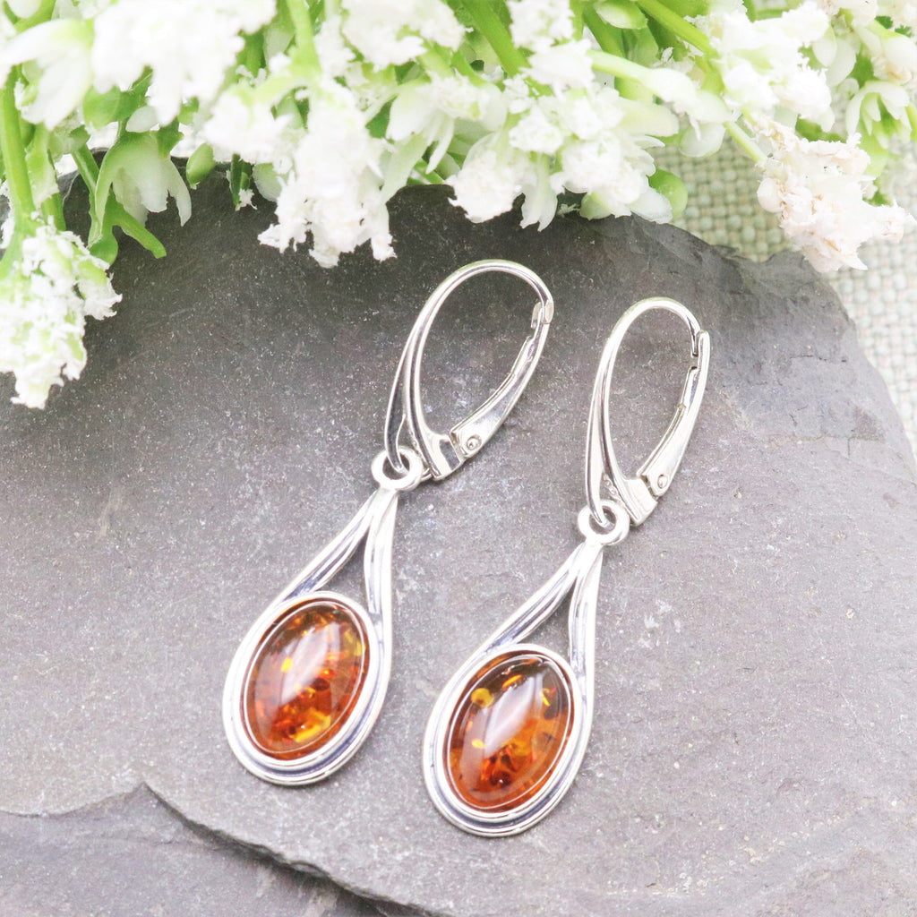 Hepburn and Hughes Baltic Amber Earrings, Oval with double frame in Sterling Silver