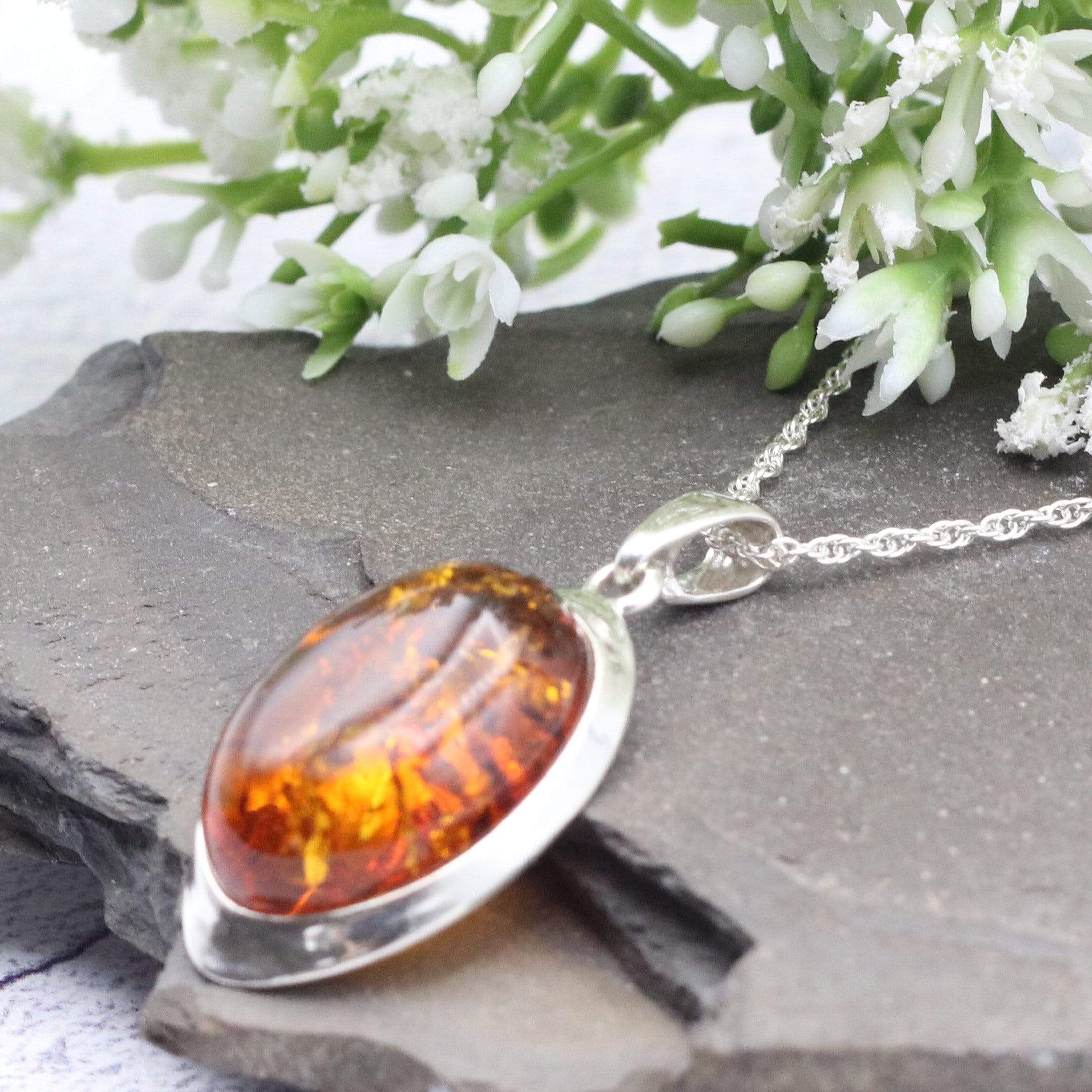 Hepburn and Hughes Baltic Amber Pendant, Oval in Sterling Silver