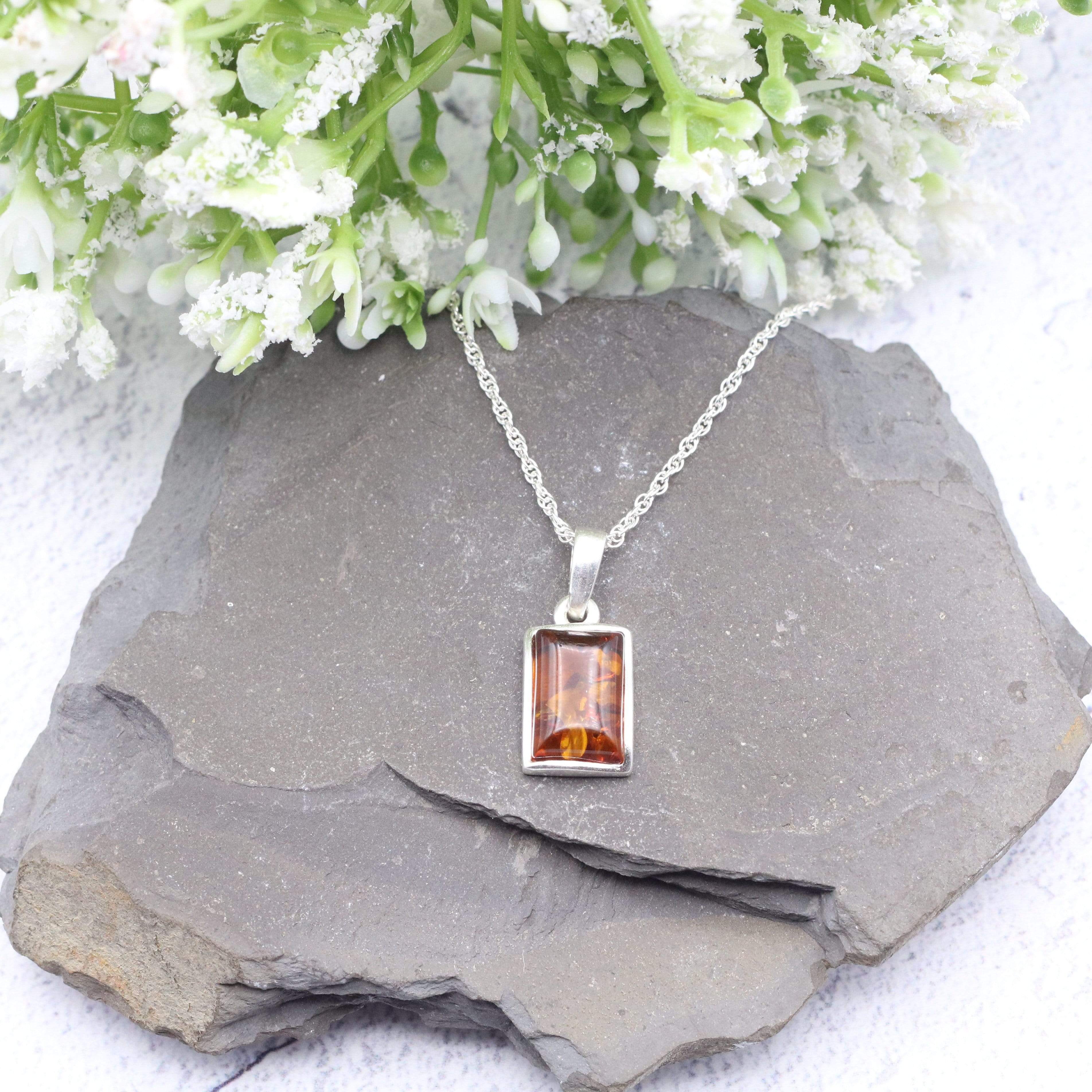 Hepburn and Hughes Baltic Amber Pendant, Rectangle in Sterling Silver